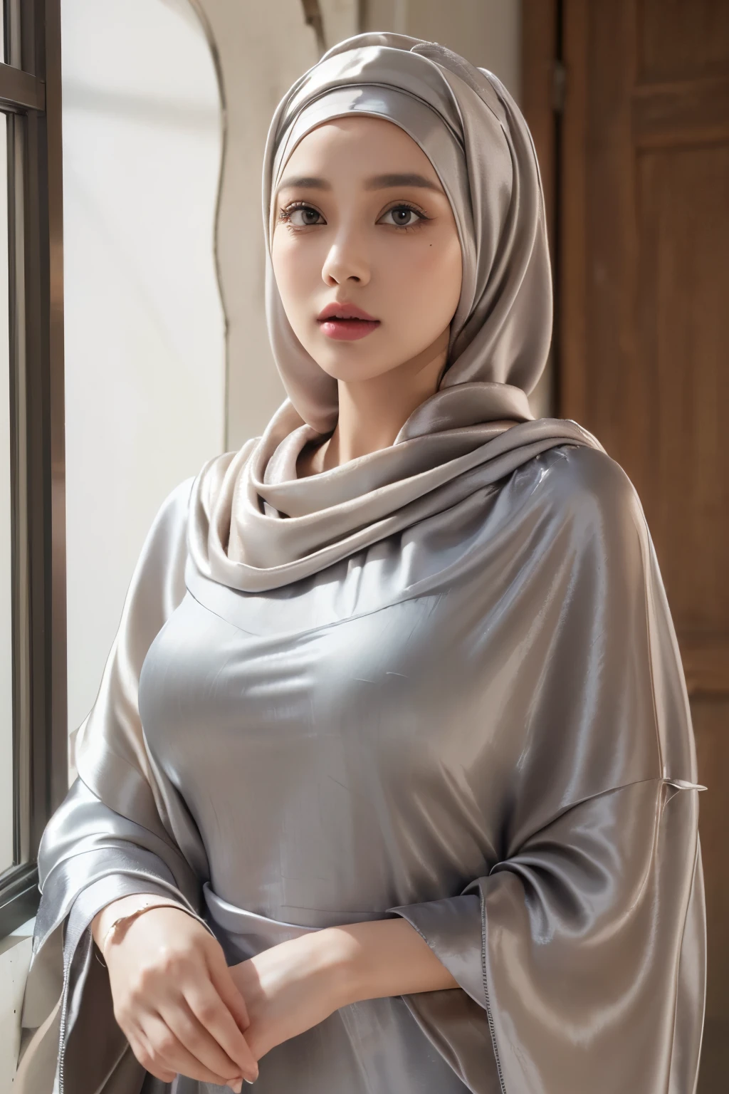 ((Masterpiece, best quality, photography, detailed skin, realistic, photo-realistic, 8k, highly detailed, full length frame, High detail RAW color art, diffused soft lighting, shallow depth of field, sharp focus, hyperrealism, cinematic lighting, hijab, a 26 years old woman in a beautifully makeup, eyeshadow, beautiful big eyes, long eye lashes, wearing (Gray satin hijab), loosely tide hijab style, ((Taupe satin kaftan)),