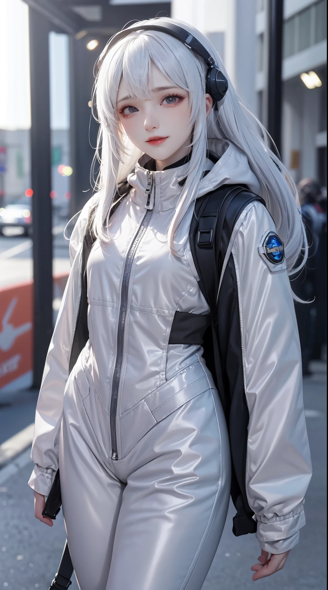 1girll, helmet, Hood, Solo, Spacesuit, Extra-long_Hair, bangs, Jacket, The upper part of the body_Body, White_Hair, bag, Blurry, Coat, Grey_Eyes, Mask, Blurry_Background, Backpack, zippers, Mouth_Mask, Covered_Mouth, Urban tech clothing, Outfit，lowerbody，Fair long legs，Unequal cyber leggings，with light glowing，zipperechanical booties，Full body shot