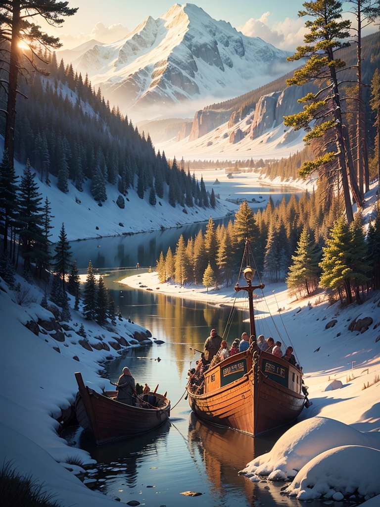 An Assassin's Creed Valhalla landscape. (best quality,4k,8k,highres,masterpiece:1.2), ultra-detailed, (realistic,photorealistic,photo-realistic:1.37), HDR, UHD, studio lighting, extreme detail description. The scene is set in a picturesque landscape with rolling hills and lush green meadows. The sky above is filled with fluffy white clouds contrasting against a vibrant blue backdrop. Sun rays break through the clouds, casting a warm golden light over the landscape. In the foreground, a Viking longship sails peacefully along a crystal-clear river that cuts through the valley. The ship is meticulously crafted with intricate wooden carvings, displaying the prowess of the Viking people. The reflection of the ship on the calm water is so realistic that you can almost feel the gentle ripples. On the riverbank, a group of Vikings is seen disembarking from the longship. They are dressed in traditional Viking attire, adorned with fur-lined cloaks and metal armor, wielding swords and shields. Their facial features are finely detailed, with piercing blue eyes and fierce expressions that reflect their warrior spirit. In the distance, towering mountains covered in snow create a majestic backdrop. The peaks are meticulously textured, showcasing the grandeur of the natural landscape. The mountains are shrouded in mist, giving the scene an ethereal and mysterious atmosphere. The trees dotting the landscape are a mix of evergreens and colorful autumn foliage, adding depth and variety to the scene. The leaves rustle gently in the breeze, creating a sense of tranquility and serenity. The colors of the landscape are rich and vibrant. The greens of the meadows are vibrant and lush, contrasting with the deep blues of the river and the sky. The golden sunlight casts warm hues on everything it touches, creating a harmonious and inviting atmosphere. The overall lighting of the scene is expertly crafted, with subtle shadows and highlights that bring depth and realism to the image. The soft,