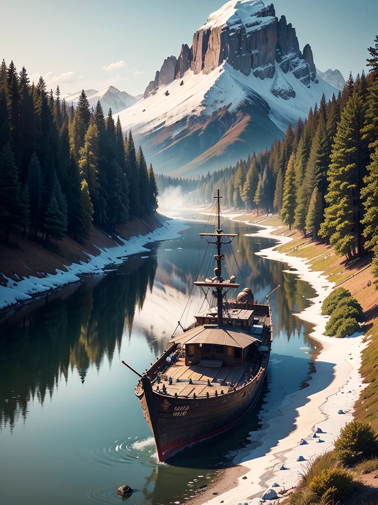 An Assassin's Creed Valhalla landscape. (best quality,4k,8k,highres,masterpiece:1.2), ultra-detailed, (realistic,photorealistic,photo-realistic:1.37), HDR, UHD, studio lighting, extreme detail description. The scene is set in a picturesque landscape with rolling hills and lush green meadows. The sky above is filled with fluffy white clouds contrasting against a vibrant blue backdrop. Sun rays break through the clouds, casting a warm golden light over the landscape. In the foreground, a Viking longship sails peacefully along a crystal-clear river that cuts through the valley. The ship is meticulously crafted with intricate wooden carvings, displaying the prowess of the Viking people. The reflection of the ship on the calm water is so realistic that you can almost feel the gentle ripples. On the riverbank, a group of Vikings is seen disembarking from the longship. They are dressed in traditional Viking attire, adorned with fur-lined cloaks and metal armor, wielding swords and shields. Their facial features are finely detailed, with piercing blue eyes and fierce expressions that reflect their warrior spirit. In the distance, towering mountains covered in snow create a majestic backdrop. The peaks are meticulously textured, showcasing the grandeur of the natural landscape. The mountains are shrouded in mist, giving the scene an ethereal and mysterious atmosphere. The trees dotting the landscape are a mix of evergreens and colorful autumn foliage, adding depth and variety to the scene. The leaves rustle gently in the breeze, creating a sense of tranquility and serenity. The colors of the landscape are rich and vibrant. The greens of the meadows are vibrant and lush, contrasting with the deep blues of the river and the sky. The golden sunlight casts warm hues on everything it touches, creating a harmonious and inviting atmosphere. The overall lighting of the scene is expertly crafted, with subtle shadows and highlights that bring depth and realism to the image. The soft,