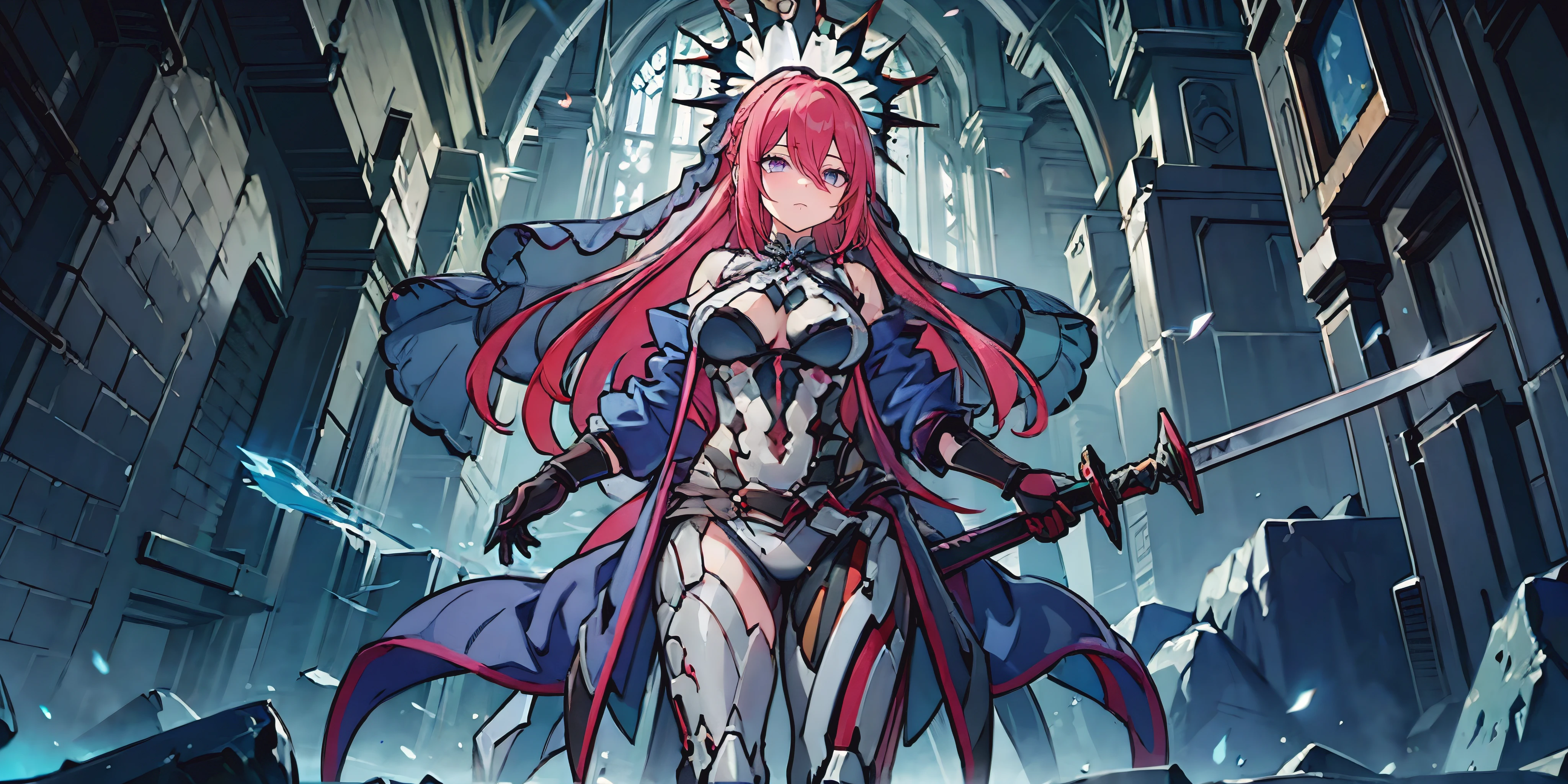 frigg, ponytail, long hair, pink hair, 1girl, holding, sword, solo, blue_eyes, holding_weapon, holding_sword, outfit-origami, halo, veil, navel, elbow gloves, detached sleeves, frills, bow, navel, standing, dual_wielding, closed_mouth, glowing, bangs, gloves, earrings, looking_at_viewer, glowing_weapon,