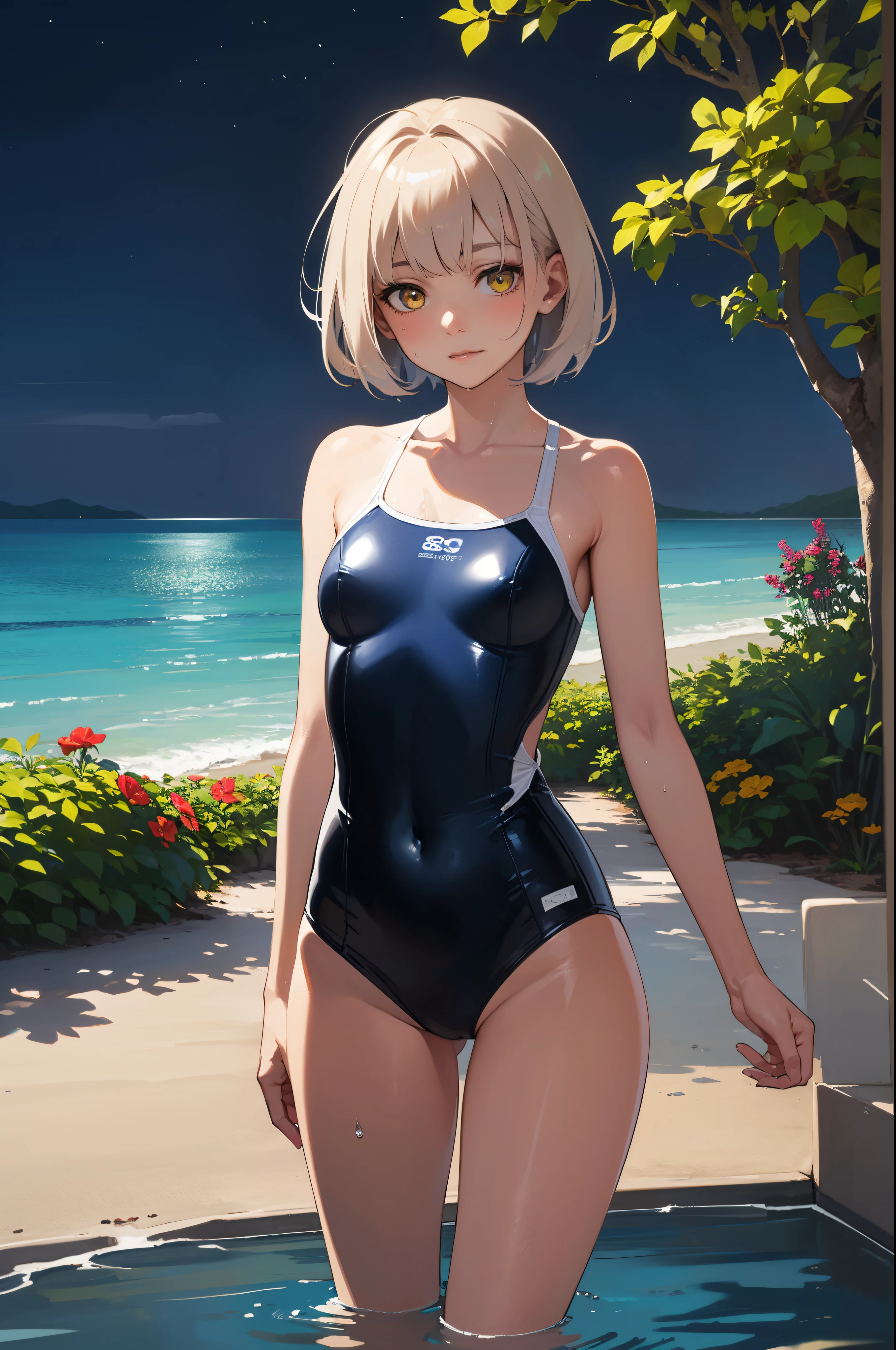 (masterpiece, highest quality, 8K ultra-high resolution:1.4), (tropical, night, beach side, flowers: 1.4), Depth of the bounds written, cinematic focus, from a dramatic angle, Composition of emotional portrait shot BREAK young cute girl, slender body, flat chest, A provocative and loving expression, highly detailed shiny skin, Dark blue one-piece swimsuit, (Wet and shiny detailed swimsuit: 1.2), Wet and shiny thighs, Perfect and beautiful hip line BREAK
(realistic: 1.2), Beautiful bob hair, Wind, detailed in the Wind, petals dancing in the Wind
BREAK
ultra detailed crystal eyes, bright yellow eyes