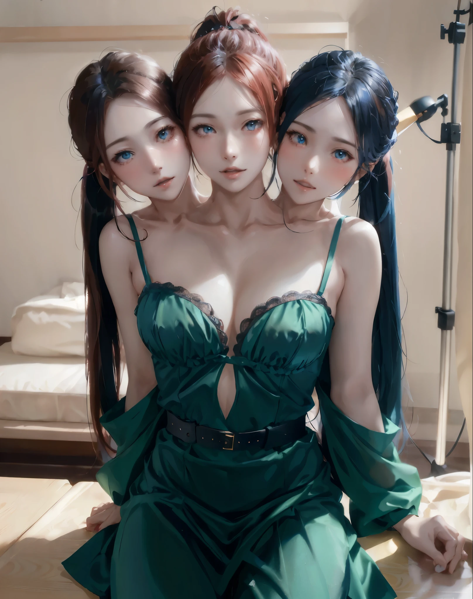 (Three headasterpiece, best resolution), (3heads:1.5), all heads positioned equally on chest, long hair,  woman with three heads, 1girl, with red hair and blue hair, blue dress with green eyes and a blue dress with a black belt, zerochan art, [ 4 k digital art ]!!, pixiv 3dcg, at pixiv,made with anime painter studio, anime moe artstyle, twintails, painted in anime painter studio, digital art on pixiv
