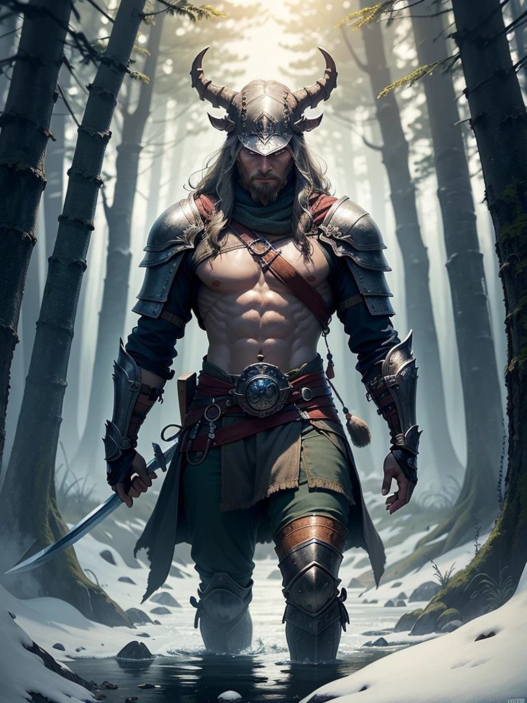 A Viking warrior exploring an ancient forest,[forest explorer:1.1] wearing rugged leather armor [leather armor] and a horned helmet [horned helmet]. The warrior carries a fearsome battle axe [battle axe], adorned with intricate engravings [intricate engravings]. His piercing blue eyes [piercing blue eyes] reflect determination and courage, while his long braided hair [long braided hair] flows in the wind.

The forest is filled with towering trees [tall trees], their branches reach out like ancient guardians. Shafts of golden sunlight [golden sunlight] pierce through the dense foliage, casting a magical glow [magical glow] over the scene. Moss-covered stoneoss-covered stones] are scattered, hinting at the history of this enchanted place.

As the Viking warrior ventures deeper into the forest, he stumbles upon a hidden path [hidden path]. Ancient ruins [ancient ruins] emerge from the undergrowth, standing as a testament to a forgotten civilization. The air is filled with a faint scent of pine [pine scent], adding to the ambiance of the mysterious setting.

In the distance, he spots a shimmering lake [shimmering lake], its crystal-clear waters reflecting the beauty of the surrounding landscape. Majestic mountainajestic mountains] rise in the background, their peaks covered in glistening snow [glistening snow]. A sense of adventure and exploration fills the air as he prepares to continue his journey.

The scene is painted with attention to detail [attention to detail], capturing the warrior's rugged features and the intricate patterns on his armor. The colors are vibrant [vibrant colors], with hues of earthy greens [earthy greens] and deep blues [deep blues]. The lighting is dramatic [dramatic lighting], casting shadows and highlights that enhance the sense of depth and realism.

With the best quality [best quality], this artwork transports the viewer into the world of Assassin's Creed Valhalla [Assassin's Creed Valhalla], evoking a sense of ancient Nordic mythology [Nordic mythology] and epic quests. The combination of historical accuracy and artistic interpretation creates a mesmerizing visual experience [mesmerizing visual experience], capturing the spirit of the game.

[forest explorer:1.1],leather armor,horned helmet,battle axe, intricate engravings,piercing blue eyes,long braided hair,tall trees,golden sunlight,magical glow,moss-covered stones,hidden path,ancient ruins,pine scent,shimmering lake,majestic mountains,glistening snow,attention to detail,vibrant colors,earthy greens,deep blues,dramatic lighting,best quality,Assassin's Creed Valhalla,Nordic mythology,mesmerizing visual experience.