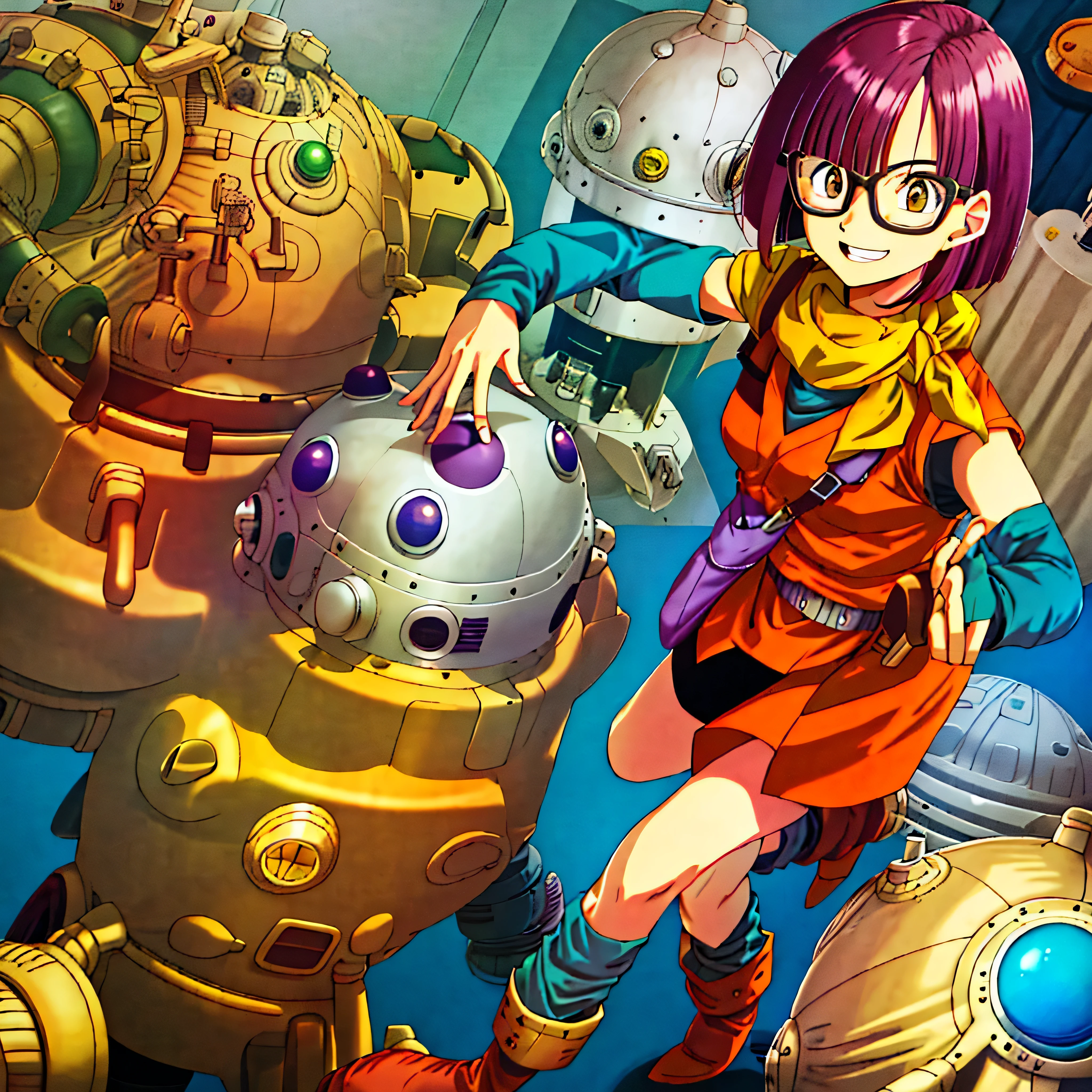 Lucca, 1 girl, alone, purple hair, short hair, Helmet, Glasses, Are standing, yellow scarf, vest, smile, Mechanical, indoor, akira toriyama style. background robot