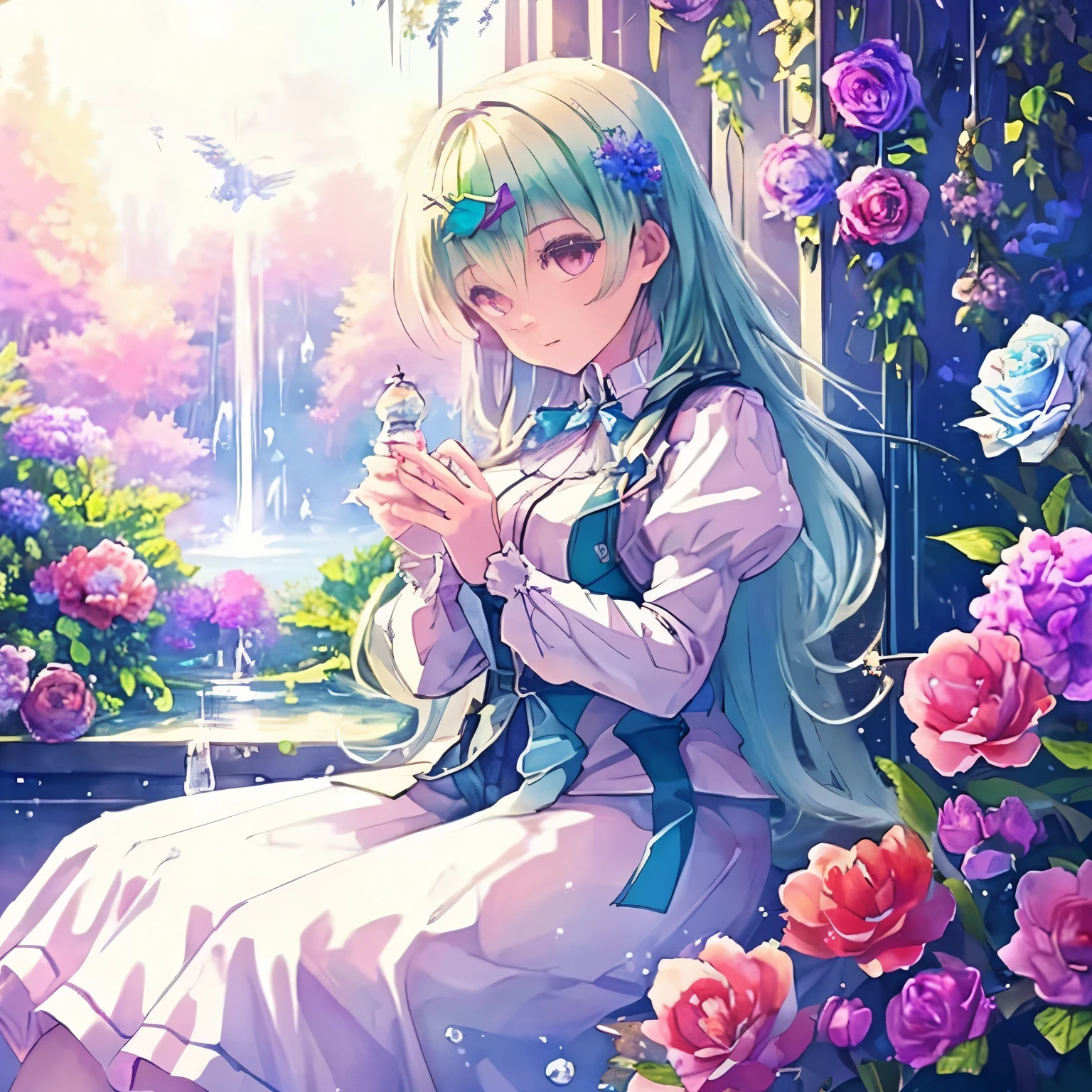 (high quality, 8k), (soft light), Rainbow-colored, one girl, detailed face, fine eyes, watercolor paiting,  so magical and dreamy, dreamy and detailed, dreamy atmosphereとドラマ, gorgeous atmosphere, fantastic beautiful lighting, dreamy atmosphere, beautiful atmosphere, dreamy romantic, fantastic dreamy theme, magical atmosphere, beautiful atmosphere, anime background art, magical atmosphere + table top, dreamy aesthetics, Beautiful details with atmosphere, lots of flowers, bubble, water, flower garden, sitting on the ground, shining eyes