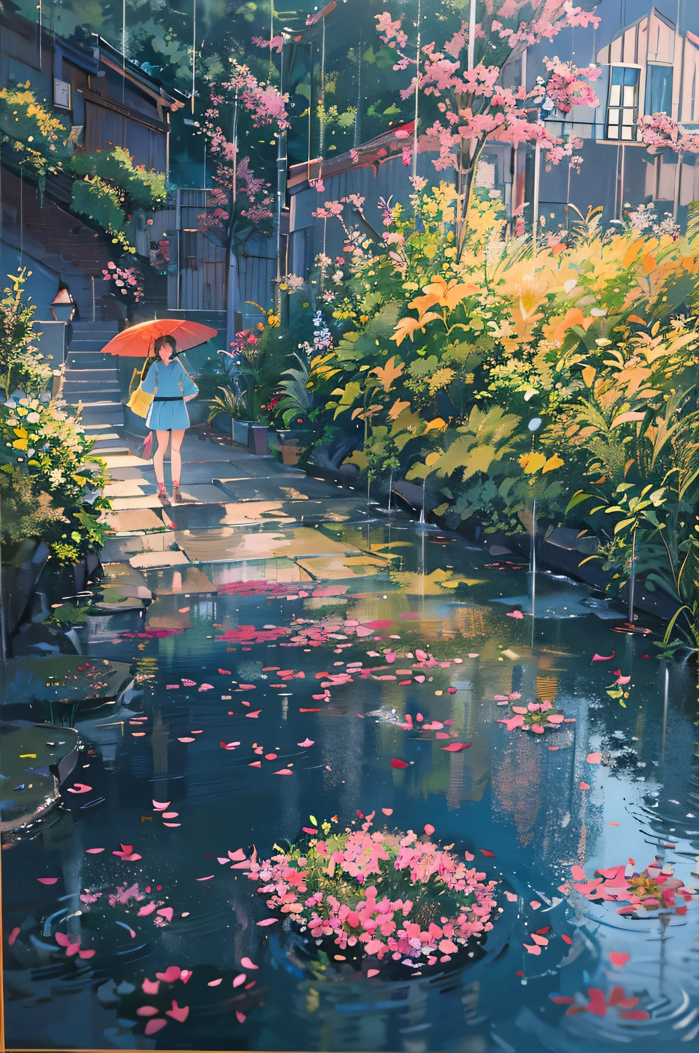Ghibli,Hayao Miyazaki,Shin Haichenfeng,Nausicaa of the Valley of the Wind,8k,highest quality,image of leaves and raindrops, Romantic landscape style, Canon EOS 5D Mark IV, sunny impressionism, Traditional, Sparkling Water Reflection,
