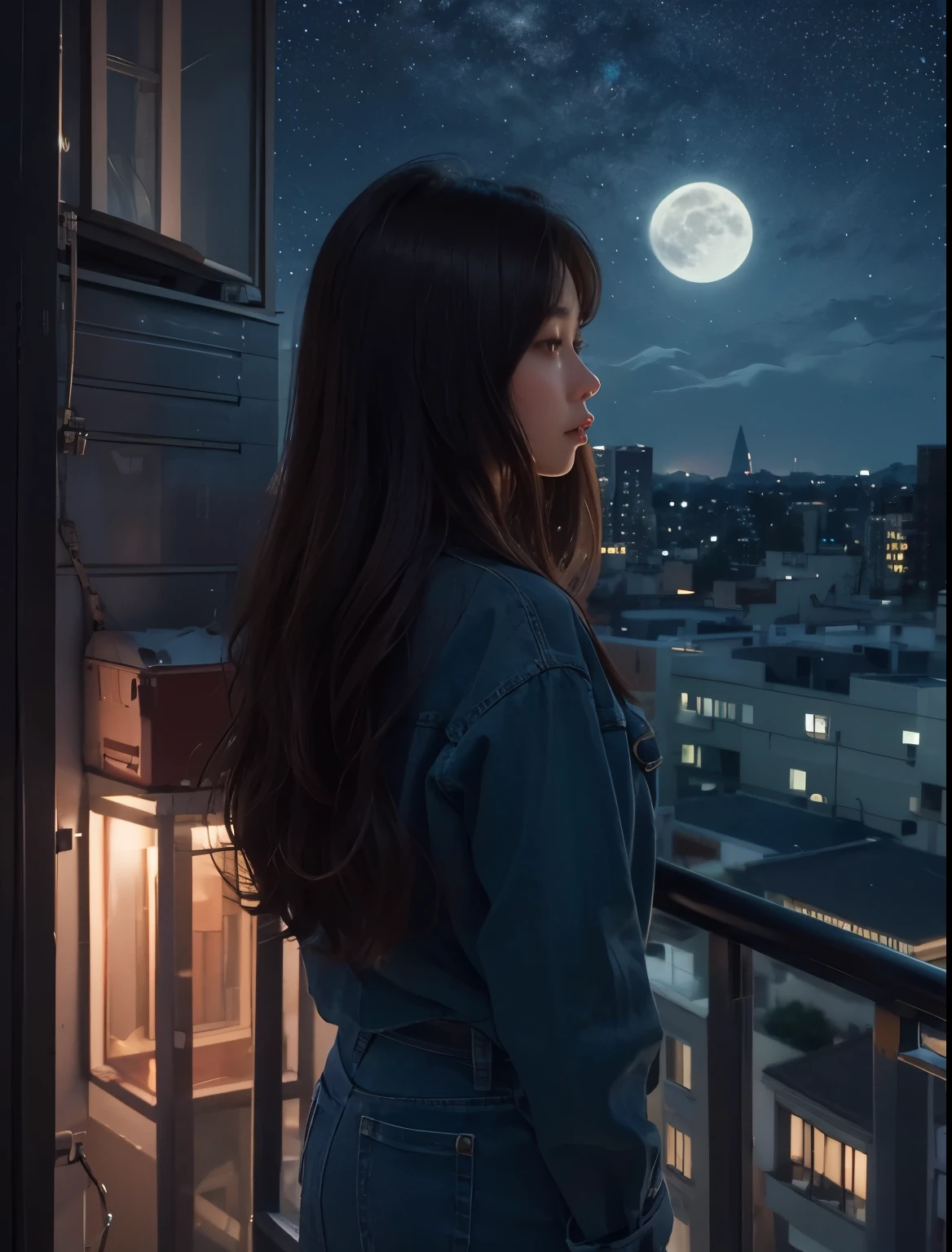 A beautiful woman. Dark brown hair. Twenty years old. She stands on the roof of her apartment, staring blankly at the night sky.