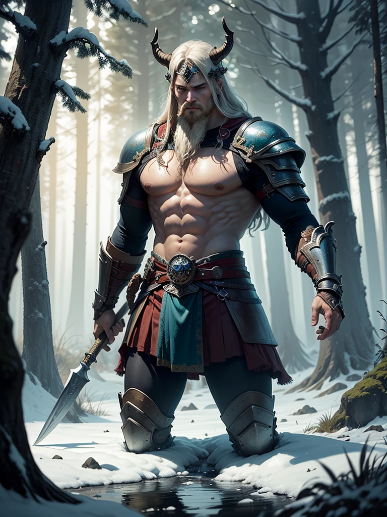 A Viking warrior exploring an ancient forest,[forest explorer:1.1] wearing rugged leather armor [leather armor] and a horned helmet [horned helmet]. The warrior carries a fearsome battle axe [battle axe], adorned with intricate engravings [intricate engravings]. His piercing blue eyes [piercing blue eyes] reflect determination and courage, while his long braided hair [long braided hair] flows in the wind. The forest is filled with towering trees [tall trees], their branches reach out like ancient guardians. Shafts of golden sunlight [golden sunlight] pierce through the dense foliage, casting a magical glow [magical glow] over the scene. Moss-covered stoneoss-covered stones] are scattered, hinting at the history of this enchanted place. As the Viking warrior ventures deeper into the forest, he stumbles upon a hidden path [hidden path]. Ancient ruins [ancient ruins] emerge from the undergrowth, standing as a testament to a forgotten civilization. The air is filled with a faint scent of pine [pine scent], adding to the ambiance of the mysterious setting. In the distance, he spots a shimmering lake [shimmering lake], its crystal-clear waters reflecting the beauty of the surrounding landscape. Majestic mountainajestic mountains] rise in the background, their peaks covered in glistening snow [glistening snow]. A sense of adventure and exploration fills the air as he prepares to continue his journey. The scene is painted with attention to detail [attention to detail], capturing the warrior's rugged features and the intricate patterns on his armor. The colors are vibrant [vibrant colors], with hues of earthy greens [earthy greens] and deep blues [deep blues]. The lighting is dramatic [dramatic lighting], casting shadows and highlights that enhance the sense of depth and realism. With the best quality [best quality], this artwork transports the viewer into the world of Assassin's Creed Valhalla [Assassin's Creed Valhalla], evoking a sense of ancient Nordic mythology [Nor