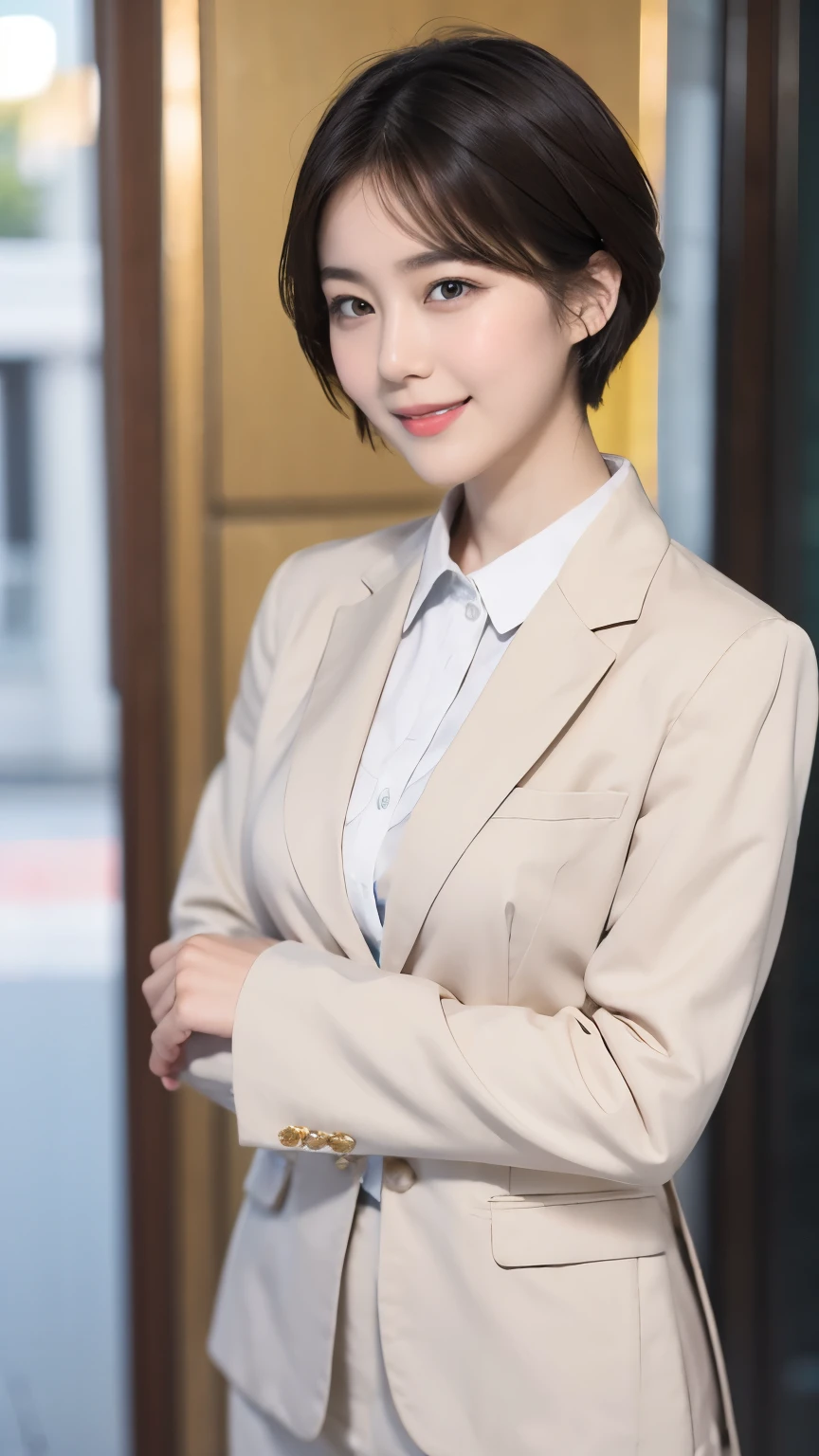 168
Shorthair, a 20 yo woman, gentle smile, working suit