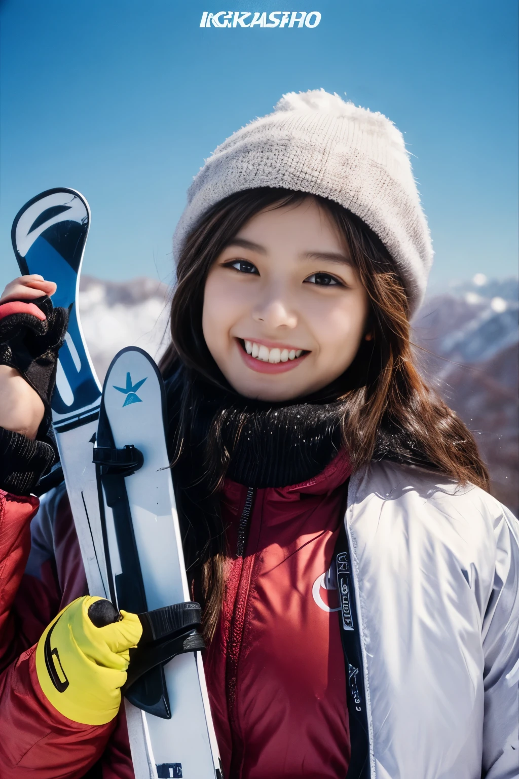 masterpiece、4k、highest quality、beautiful korean woman、Detailed description、1 girl、23 years old、(ski wear)、(to ski:1.1)、(movie, Ilford HP5, 80mm)、 Depth of the bounds written、cowboy shot、smile