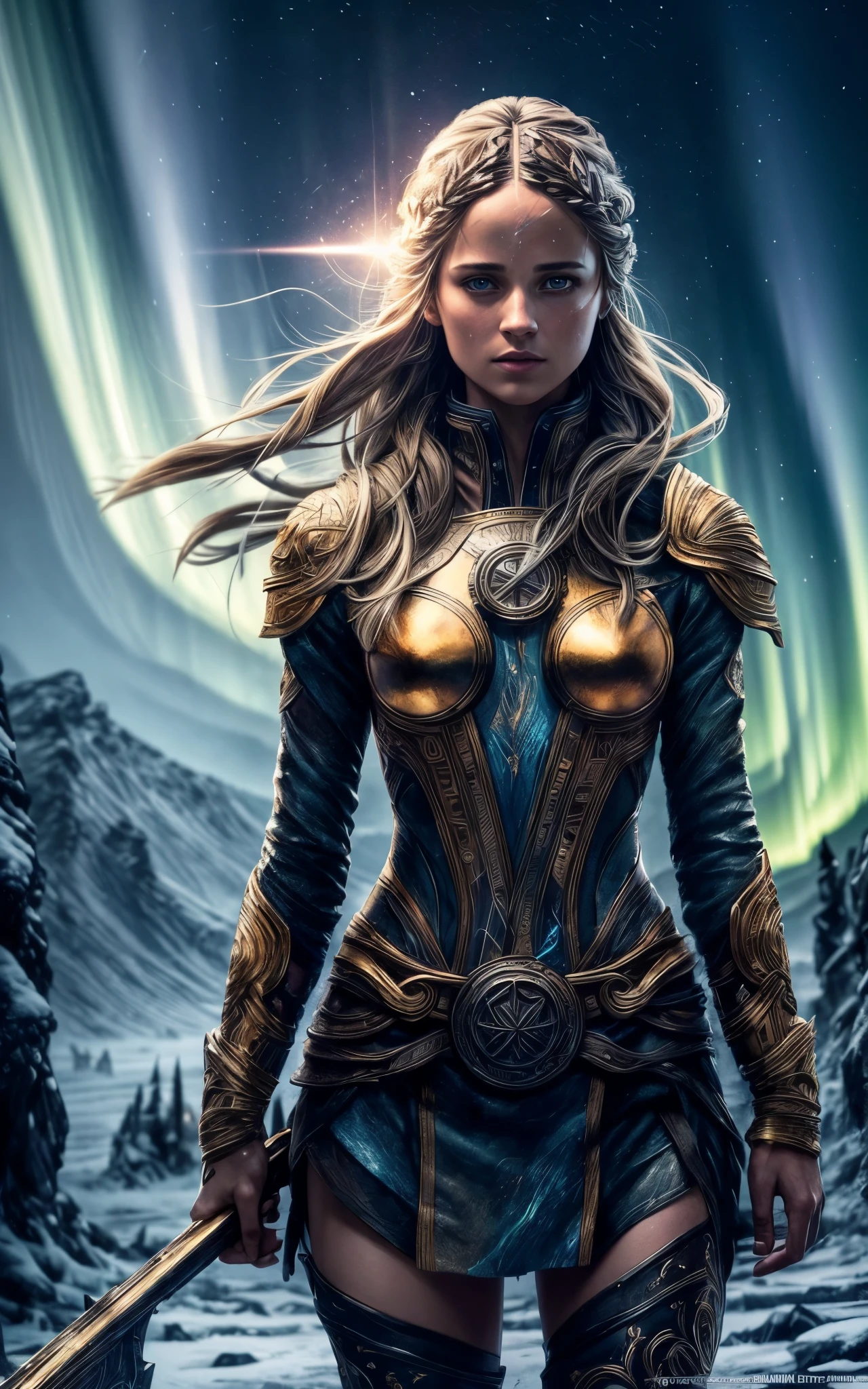 (Alicia Vikander) is Freya the nordic goddess, pale skin, messy, Full body, Beautiful anime waifu style girl, hyperdetailed painting, luminism, art by Carne Griffiths and Wadim Kashin concept art, Iceland background, northern lights, abstract beauty, approaching perfection, pure form, golden ratio, minimalistic, dark atmosphere, unfinished, concept art, intricate details, 8k post production, high resolution, hyperdetailed, trending on artstation, sharp focus, studio photo, intricate details, highly detailed,