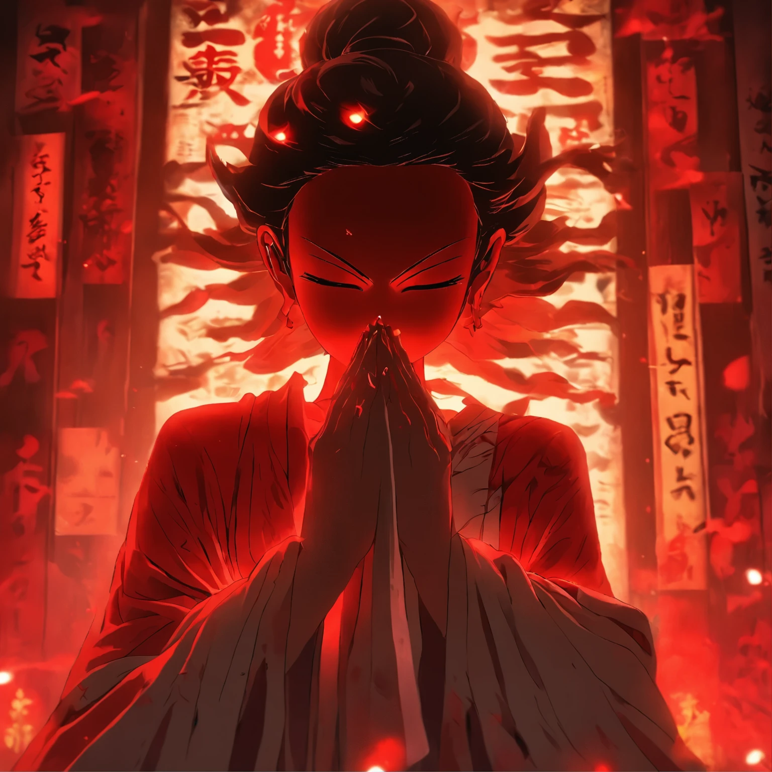 Blood red room, Flashing white TV screen, BUDDHA STATUE, cabelos preto e longos, with hair dishevelled, Cover one eye and face, Bright red eyes, Wearing a white transparent robe, Looming full breasts,liquor,Devil, reaching out her hands,Straighten your body, Red nails are exposed, Pinch the camera, hyper HD, Anatomically correct, Textured skin, Super detail, High details, High quality, A high resolution, 8K, hyper HD, Anatomically correct, Textured skin, Super detail, High details, High quality, Best quality, 8K,Leishnampo,Room 2,Horror