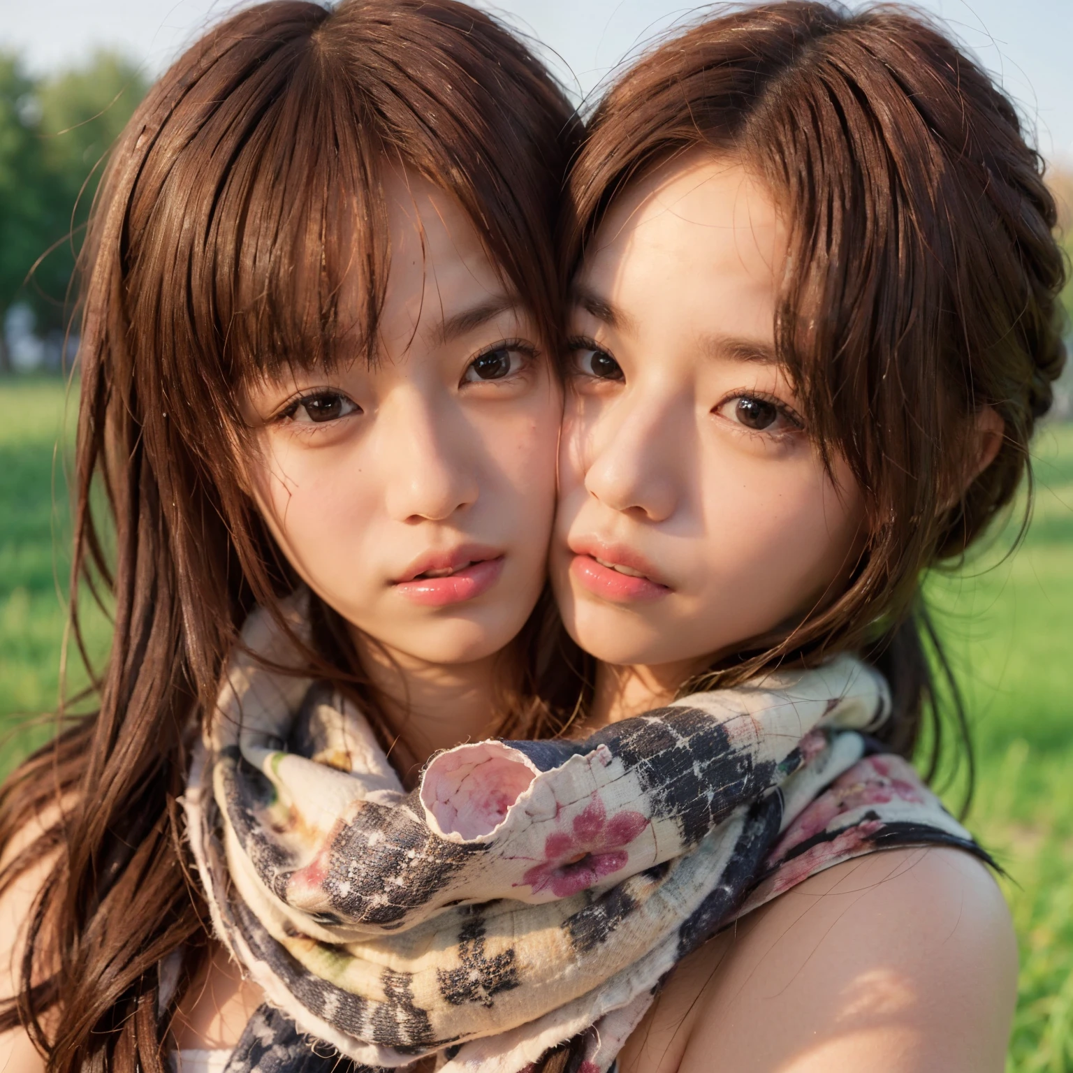 Identical twin sisters hugging each other and 8k, highest quality, masterpiece, realistic, Super detailed, photo realistic, Improvement of quality, 
Photo of a girl standing in a field with a scarf, In a dark and brooding designer style, voluminous mass, photo bash, calm face, jagged edges, navy, beauty of nature, close up shot
