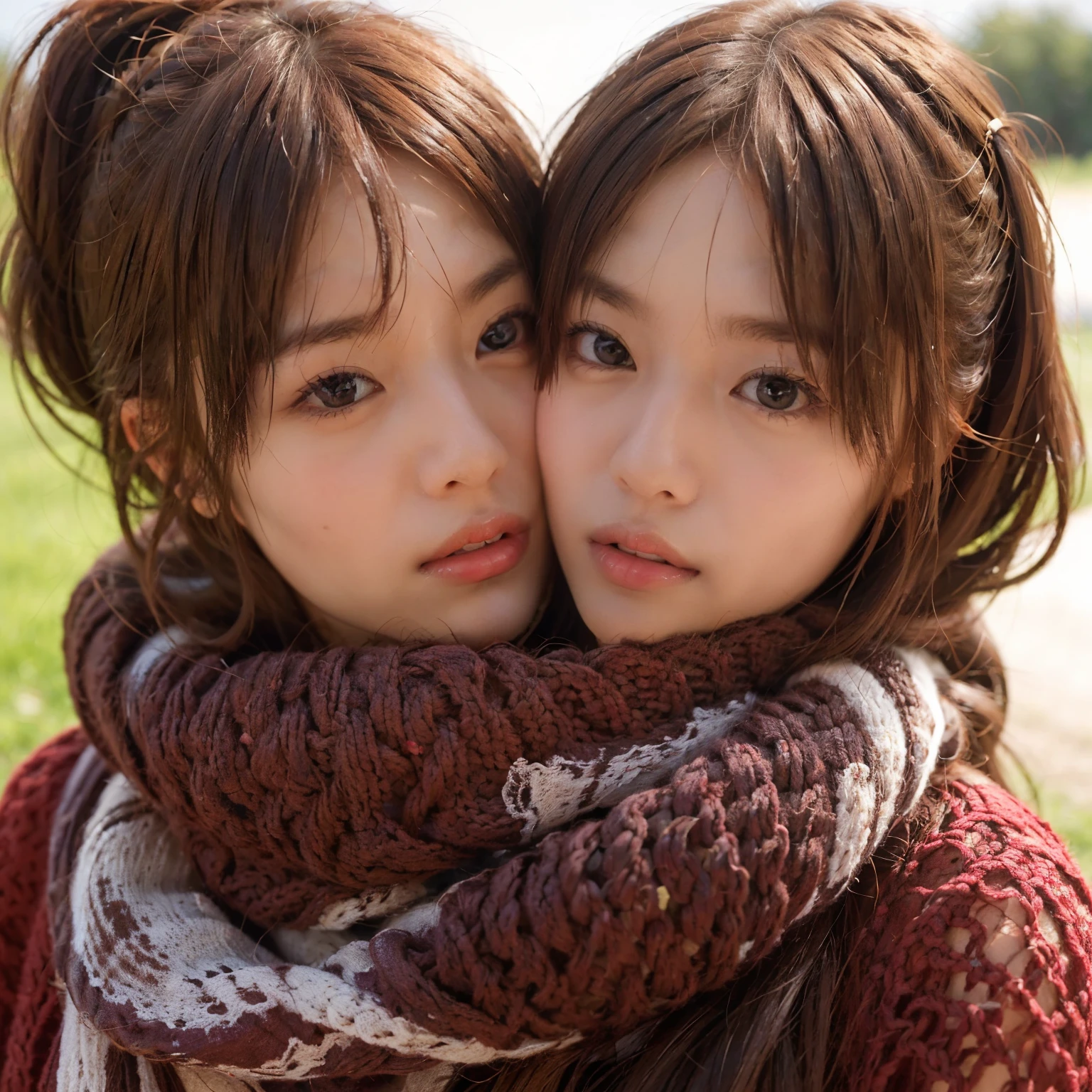 Identical twin sisters hugging each other and 8k, highest quality, masterpiece, realistic, Super detailed, photo realistic, Improvement of quality, 
Photo of a girl standing in a field with a scarf, In a dark and brooding designer style, voluminous mass, photo bash, calm face, jagged edges, navy, beauty of nature, close up shot
