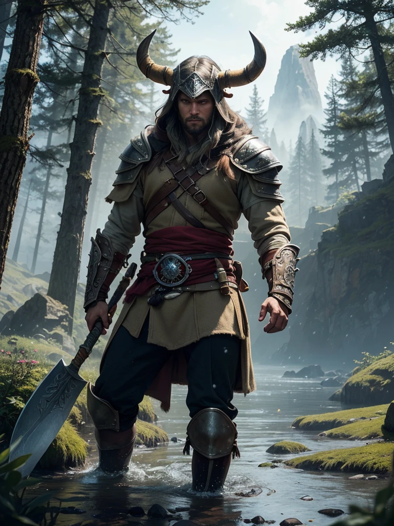 A Viking warrior exploring an ancient forest,[forest explorer:1.1] wearing rugged leather armor [leather armor] and a horned helmet [horned helmet]. The warrior carries a fearsome battle axe [battle axe], adorned with intricate engravings [intricate engravings]. His piercing blue eyes [piercing blue eyes] reflect determination and courage, while his long braided hair [long braided hair] flows in the wind. The forest is filled with towering trees [tall trees], their branches reach out like ancient guardians. Shafts of golden sunlight [golden sunlight] pierce through the dense foliage, casting a magical glow [magical glow] over the scene. Moss-covered stoneoss-covered stones] are scattered, hinting at the history of this enchanted place. As the Viking warrior ventures deeper into the forest, he stumbles upon a hidden path [hidden path]. Ancient ruins [ancient ruins] emerge from the undergrowth, standing as a testament to a forgotten civilization. The air is filled with a faint scent of pine [pine scent], adding to the ambiance of the mysterious setting. In the distance, he spots a shimmering lake [shimmering lake], its crystal-clear waters reflecting the beauty of the surrounding landscape. Majestic mountainajestic mountains] rise in the background, their peaks covered in glistening snow [glistening snow]. A sense of adventure and exploration fills the air as he prepares to continue his journey. The scene is painted with attention to detail [attention to detail], capturing the warrior's rugged features and the intricate patterns on his armor. The colors are vibrant [vibrant colors], with hues of earthy greens [earthy greens] and deep blues [deep blues]. The lighting is dramatic [dramatic lighting], casting shadows and highlights that enhance the sense of depth and realism. With the best quality [best quality], this artwork transports the viewer into the world of Assassin's Creed Valhalla [Assassin's Creed Valhalla], evoking a sense of ancient Nordic mythology [Nor