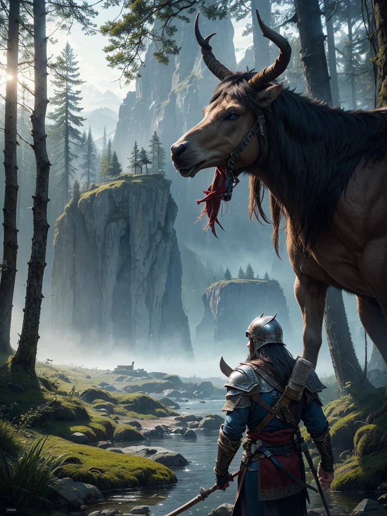 A Viking warrior exploring an ancient forest,[forest explorer:1.1] wearing rugged leather armor [leather armor] and a horned helmet [horned helmet]. The warrior carries a fearsome battle axe [battle axe], adorned with intricate engravings [intricate engravings]. His piercing blue eyes [piercing blue eyes] reflect determination and courage, while his long braided hair [long braided hair] flows in the wind. The forest is filled with towering trees [tall trees], their branches reach out like ancient guardians. Shafts of golden sunlight [golden sunlight] pierce through the dense foliage, casting a magical glow [magical glow] over the scene. Moss-covered stoneoss-covered stones] are scattered, hinting at the history of this enchanted place. As the Viking warrior ventures deeper into the forest, he stumbles upon a hidden path [hidden path]. Ancient ruins [ancient ruins] emerge from the undergrowth, standing as a testament to a forgotten civilization. The air is filled with a faint scent of pine [pine scent], adding to the ambiance of the mysterious setting. In the distance, he spots a shimmering lake [shimmering lake], its crystal-clear waters reflecting the beauty of the surrounding landscape. Majestic mountainajestic mountains] rise in the background, their peaks covered in glistening snow [glistening snow]. A sense of adventure and exploration fills the air as he prepares to continue his journey. The scene is painted with attention to detail [attention to detail], capturing the warrior's rugged features and the intricate patterns on his armor. The colors are vibrant [vibrant colors], with hues of earthy greens [earthy greens] and deep blues [deep blues]. The lighting is dramatic [dramatic lighting], casting shadows and highlights that enhance the sense of depth and realism. With the best quality [best quality], this artwork transports the viewer into the world of Assassin's Creed Valhalla [Assassin's Creed Valhalla], evoking a sense of ancient Nordic mythology [Nor