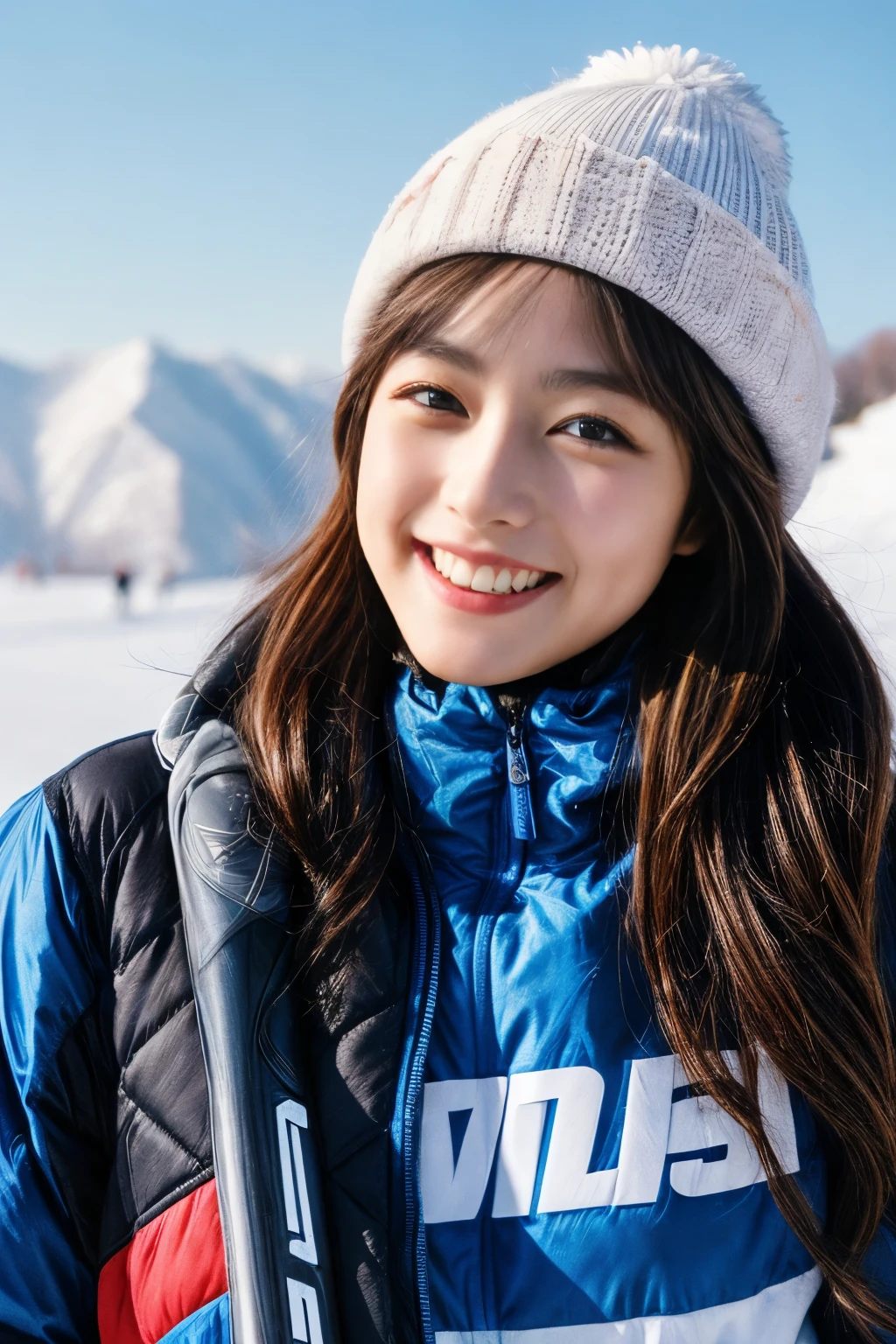 masterpiece、4k、highest quality、beautiful korean woman、Detailed description、1 girl、23 years old、(ski wear)、(to ski:1.1)、(movie, Ilford HP5, 80mm)、 Depth of the bounds written、cowboy shot、smile