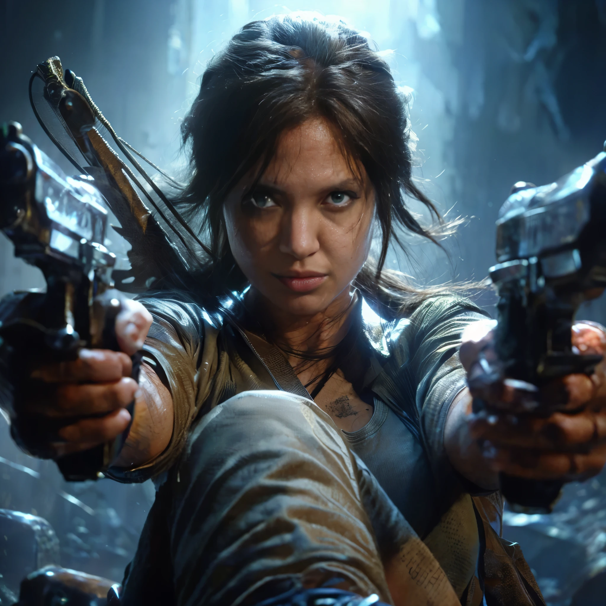 full body,Embark on an adventurous journey with Lara Croft as the focal point of Tomb Raider.Super realistic photos,torn costume,including dynamic lighting and high-resolution textures,Lara is brought to life with incredible realism.Meticulous attention to detail,from his iconic dual pistols to his determined expression,is meticulously rendered.Cinematic effects enhance the immersive atmosphere,creating captivating visual depictions in a thrilling and dangerous setting.