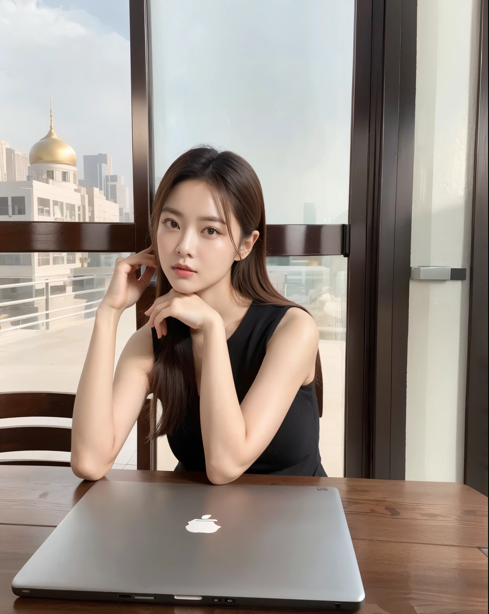 There is a woman sitting at the table，Holding a laptop in hand, Cui Xianhua, Minami Zaiwa, Li Zhien, Li Zhien, Beautiful young Korean woman, Beautiful young Korean woman, Kim Tae-joon, Jung Sang-soo, beautiful korean woman, Tzuyu from Twice, Yin Shishan, Bae Xiuzhi, Shin Min Jung, jinyoung shin, 8K, masterpiece, Super details, photorealistic, Realistic beauty, asian beauty, photograph, black hair，Long circle hair，thick hair，Detail of hair