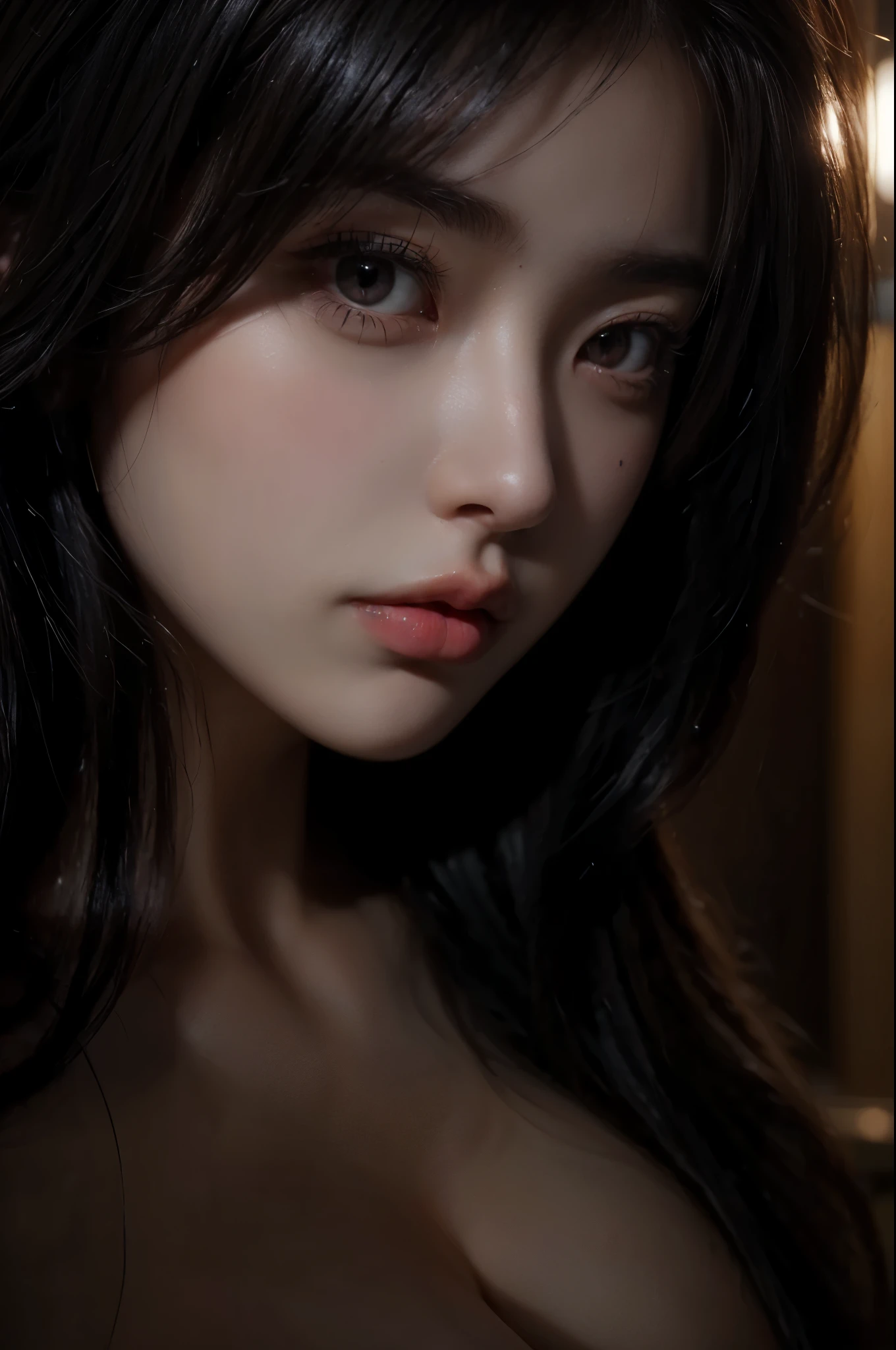(NSFW), ((full naked:1.5)), (detailed Vagina), (8k, RAW photo, best quality, masterpiece: 1.2), (realistic, photorealistic: 1.37), 1 beautiful Japanese girl, 20 years old, solo, (Idol face:1.2), (beautiful detailed eyes:1.2), (symmetrical eyes:1.35), half open mouth, Realistic human skin, perfect anatomy, voluptuous, curvy body, (perfect medium breasts), big ass, big thick thighs, long full-wavy hair, (looking at viewer:1.2), front view, face focus, (depth_of_field:1.5), natural light, photon mapping, moody lighting, Cinematic Lighting, lens flare, available light, rim light, studio lighting, (hands behind back), beautiful cozy bedroom with floor to ceiling glass windows overlooking a cyberpunk city at night, thunderstorm outside with torrential rain, dark, gloomy, moody aesthetic, (Close Up:1.6),