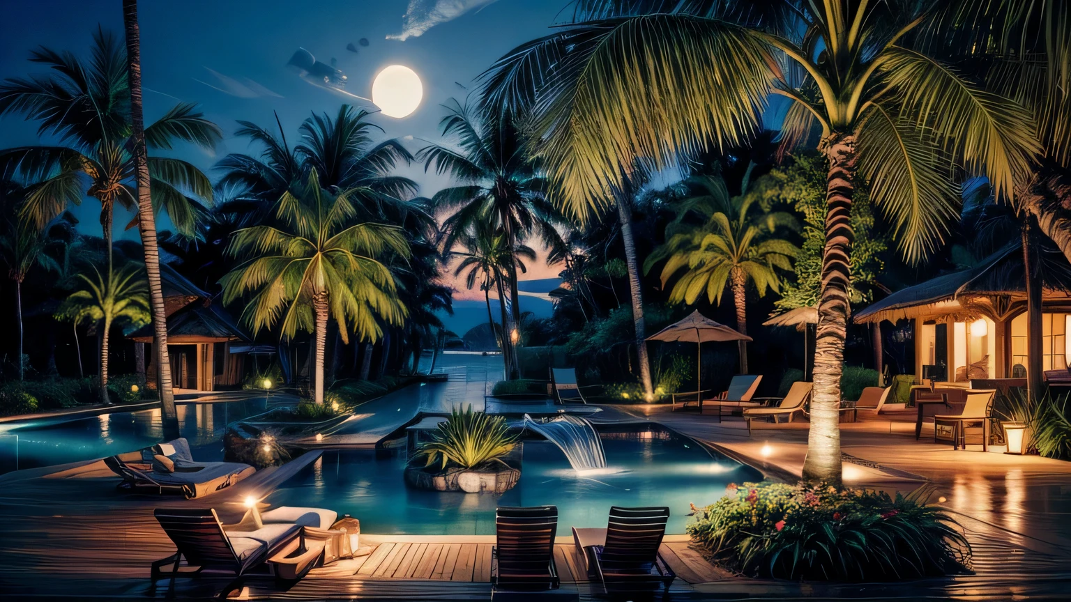 Rough resort pool with lounge chairs and palm trees々nice view, beast, screen capture, summer setting, At night設定, blog photos, Splash page, ad image, paradise, image, summer night, paradise in the background, At night, night - time, thumbnail, At night,
