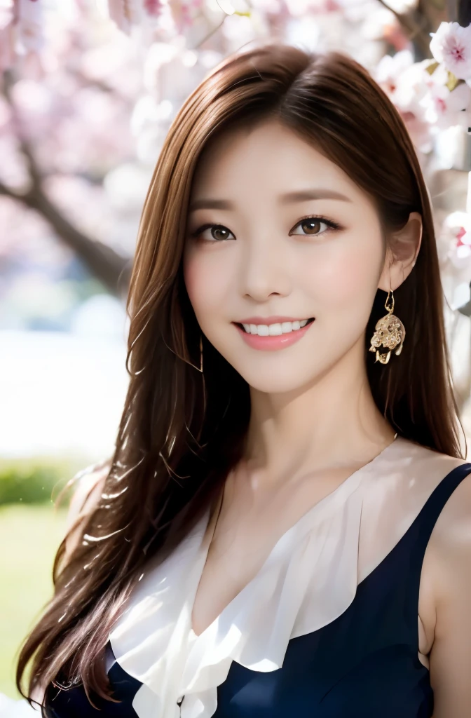 (24 year old lover), (big breasts:1.3), (white blouse with frills: 1.3),pink skirt,spring,Full bloom cherry blossoms,under the cherry tree,(maximum resolution: 1.4), (Super high quality: 1.2), cinematic light, Super high quality,My cheeks turned red:1.2、 (beautiful eyes and skin), (detailed facial features), nffsw, 8K resolution, perfect style, beautiful expression、Highly detailed face and skin texture、detailed eye、double eyelid、glitter eyeliner:1.2、shiny skin、pure white skin:1.8、white skin:1.8、red rouge、dark lipstick:1.2、shiny small earrings、glossy lips:1.2、((full body shot:1.2))、(straight hairstyles、light brown hair)、long hair、(very charming smile:1.3)