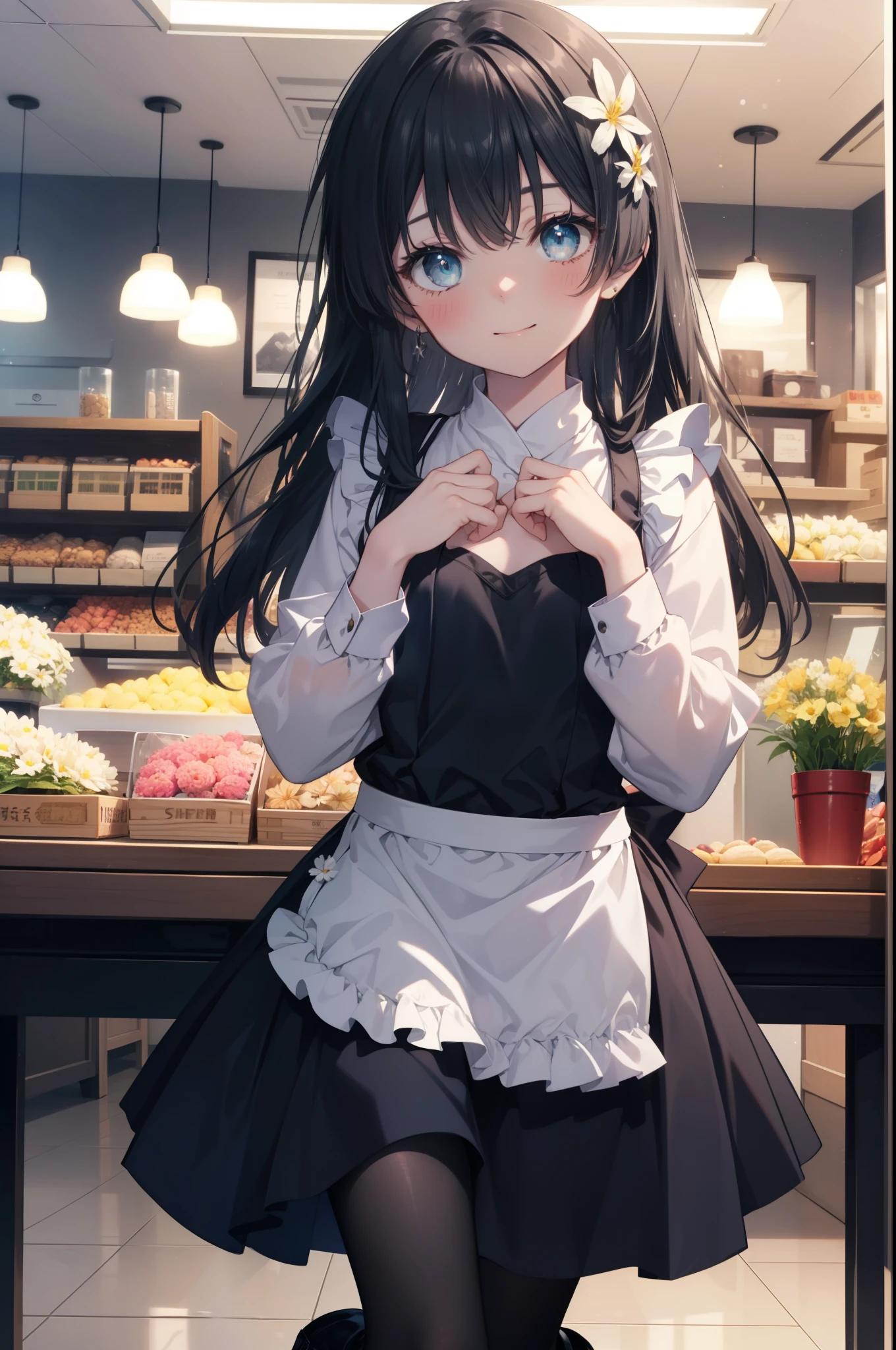 Understood, saten ruiko, black hair, blue eyes, long hair, hair ornaments, Floral decoration, (flat chest:1.2),blush,smile,flower shopの店員,long hair,flower shop、sweater,long skirt,White pantyhose,short boots,apron,
break looking at viewer,
break indoors,
break (masterpiece:1.2), highest quality, High resolution, unity 8k wallpaper, (shape:0.8), (fine and beautiful eyes:1.6), highly detailed face, perfect lighting, Very detailed CG, (perfect hands, perfect anatomy),