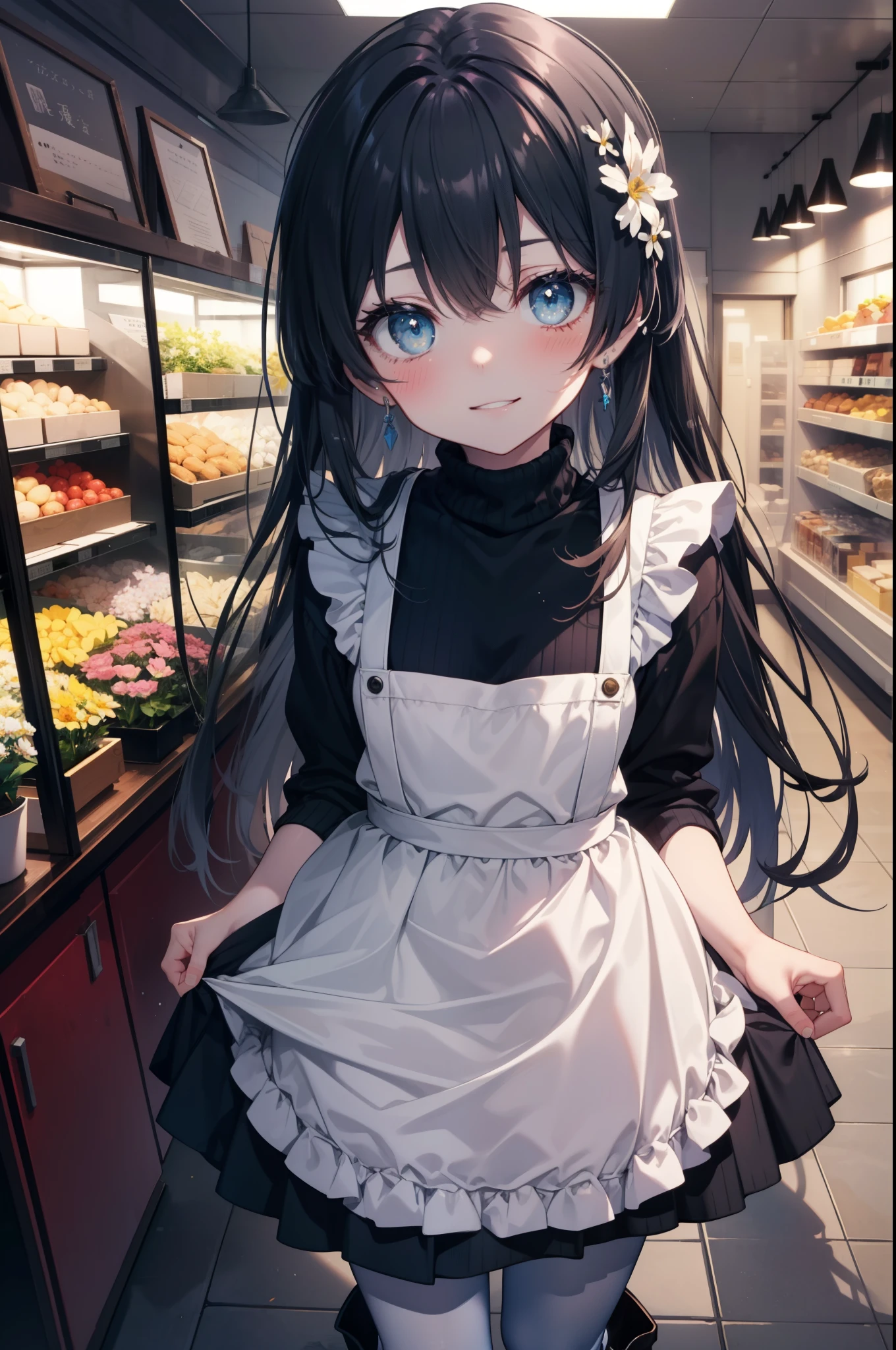 Understood, saten ruiko, black hair, blue eyes, long hair, hair ornaments, Floral decoration, (flat chest:1.2),blush,smile,flower shopの店員,long hair,flower shop、sweater,long skirt,White pantyhose,short boots,apron,
break looking at viewer,
break indoors,
break (masterpiece:1.2), highest quality, High resolution, unity 8k wallpaper, (shape:0.8), (fine and beautiful eyes:1.6), highly detailed face, perfect lighting, Very detailed CG, (perfect hands, perfect anatomy),