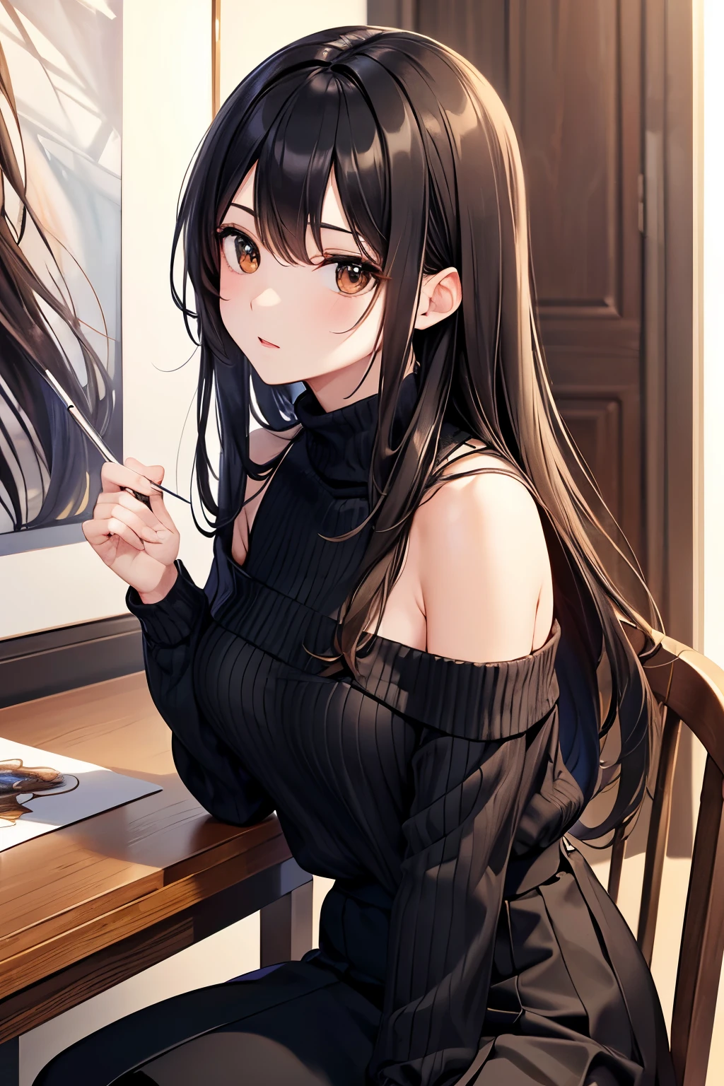 ((highest quality)),(ultra high resolution),(Super detailed),(detailed description),((best CG)),(best work of art),super precision art,great drawing art,(Art with precise details:1.5), Portrait:1.6,bust shot:1.4,,beautiful and well-shaped face:1.5,Black off-the-shoulder sweater、girl,Slender、small face、brown eyes、tall、 highres,black hair、long hair、Hotel、black long skirt、Sitting at a desk、Mature、big breasts