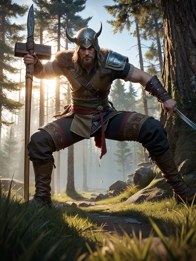 An assassin infiltrating ancient Scandinavian landscapes in the game "Assassin's Creed Valhalla", with photorealistic graphics and ultra-detailed imagery, depicting the protagonist's actions and surroundings. The protagonist, a brave Viking warrior with piercing blue eyes and a fierce expression, is clad in intricately designed Viking armor, wielding a legendary double-edged battle axe. In the background, there is a dense forest with tall, ancient pine trees, their branches swaying in the wind. The sunlight filters through the foliage, creating dramatic beams of light that illuminate the scene. The air is filled with a misty ambiance, adding a sense of mystery and anticipation. The game world showcases a vibrant color palette, capturing the scenic beauty of the Nordic landscapes. The landscapes are rendered with physically-based rendering techniques, resulting in an authentic feel and realistic textures. The gameplay is accentuated with skillful parkour movements, as the protagonist effortlessly scales towering cliff sides and leaps across rooftops with fluid motions. The immersive experience is complemented by the ambient sound of the wind rustling through leaves, birds chirping, and distant echoes of Viking battles. As the player explores the vast game world, they unravel a rich narrative steeped in Norse mythology, weaving together historical accuracy and ancient legends in a captivating storytelling experience.