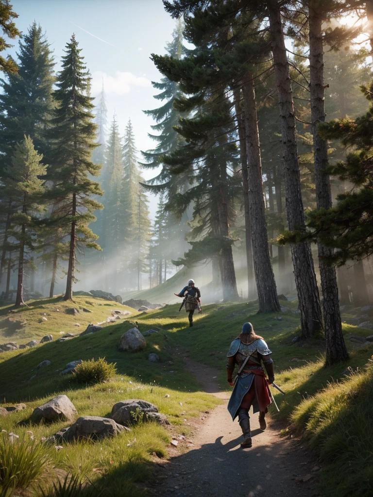 An assassin infiltrating ancient Scandinavian landscapes in the game "Assassin's Creed Valhalla", with photorealistic graphics and ultra-detailed imagery, depicting the protagonist's actions and surroundings. The protagonist, a brave Viking warrior with piercing blue eyes and a fierce expression, is clad in intricately designed Viking armor, wielding a legendary double-edged battle axe. In the background, there is a dense forest with tall, ancient pine trees, their branches swaying in the wind. The sunlight filters through the foliage, creating dramatic beams of light that illuminate the scene. The air is filled with a misty ambiance, adding a sense of mystery and anticipation. The game world showcases a vibrant color palette, capturing the scenic beauty of the Nordic landscapes. The landscapes are rendered with physically-based rendering techniques, resulting in an authentic feel and realistic textures. The gameplay is accentuated with skillful parkour movements, as the protagonist effortlessly scales towering cliff sides and leaps across rooftops with fluid motions. The immersive experience is complemented by the ambient sound of the wind rustling through leaves, birds chirping, and distant echoes of Viking battles. As the player explores the vast game world, they unravel a rich narrative steeped in Norse mythology, weaving together historical accuracy and ancient legends in a captivating storytelling experience.
