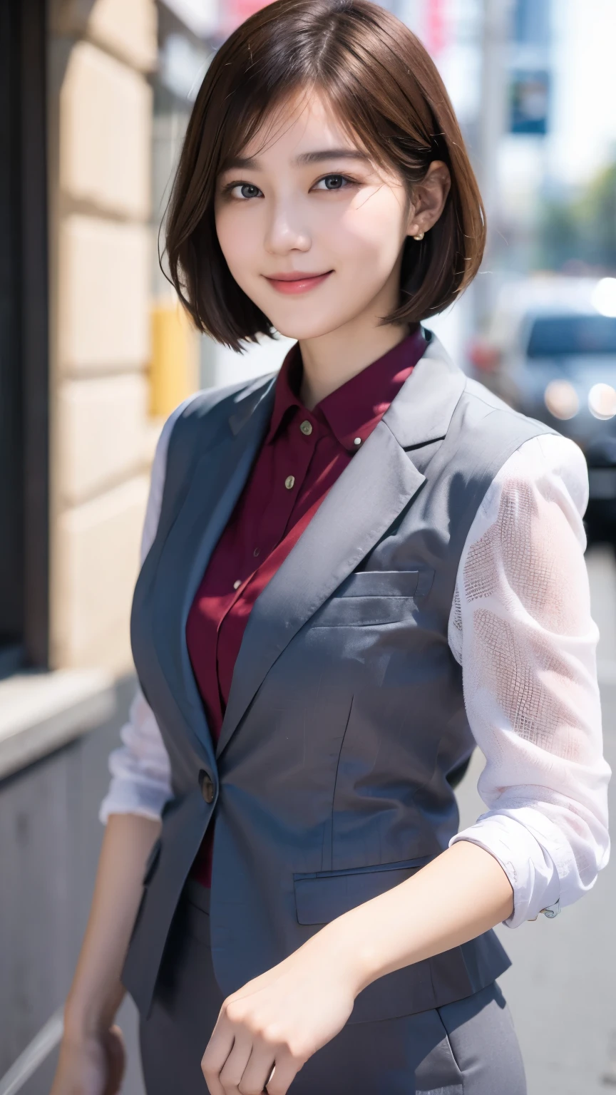 168
Shorthair, a 20 yo woman, gentle smile, working suit