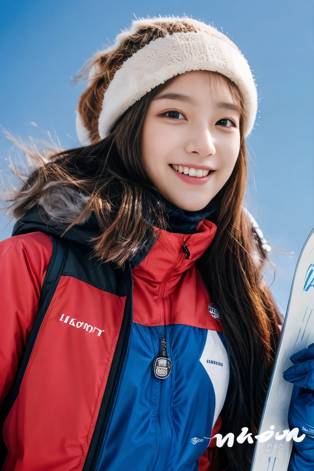 masterpiece、4k、highest quality、beautiful korean woman、Detailed description、1 girl、23 years old、(ski wear)、(to ski:1.1)、(movie, Ilford HP5, 80mm)、 Depth of the bounds written、cowboy shot、smile