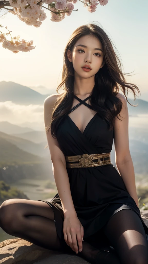 (background：The mountains are full of cherry blossoms，There are mountains and fog)(whole body:1.5)，(1 Hmong girl:1.3),(view viewer:1.4)，(anatomically correct:1.4),(Completely see-through pantyhose:1.3),(sit on the top of the mountain:1.2),(Wearing a southwest minority dress:1.2),,( pointed toe block heels :1.1),(precise、perfect face shape:1.3),(spread legs，long legs:1.3),Wearing southwest ethnic minority hair accessories，Spread, spread your legs，saw camel toe，Ultra high quality, Ray tracing, reflected light， Correct structure, Award-winning, high detail, Lighten shadow contrast, facial lighting ，light, masterpiece, Super details, high quality, high detail, best quality, 16k，high contrast,