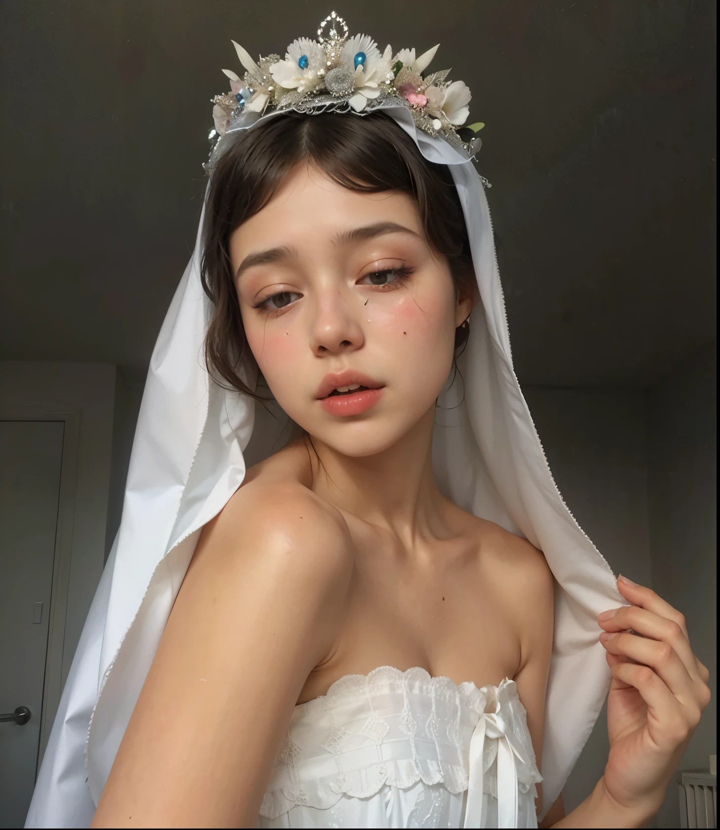 there is a woman with a veil and a flower crown on her head, inspired by Louis Le Nain, wearing angel halo covered face, bella poarch, heavy makeup, crying makeup, in style of petra collins, dressed as a queen, monia merlo, profile picture, porcelain pale skin, inspired by Ignacy Witkiewicz, aesthetic portrait