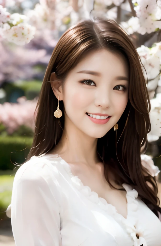 (24 year old lover), (big breasts:1.3), (white blouse with frills: 1.3),pink skirt,spring,Full bloom cherry blossoms,under the cherry tree,(maximum resolution: 1.4), (Super high quality: 1.2), cinematic light, Super high quality,My cheeks turned red:1.2、 (beautiful eyes and skin), (detailed facial features), nffsw, 8K resolution, perfect style, beautiful expression、Highly detailed face and skin texture、detailed eye、double eyelid、glitter eyeliner:1.2、shiny skin、pure white skin:1.8、white skin:1.8、red rouge、dark lipstick:1.2、shiny small earrings、glossy lips:1.2、((full body shot:1.2))、(straight hairstyles、light brown hair)、long hair、(very charming smile:1.3)