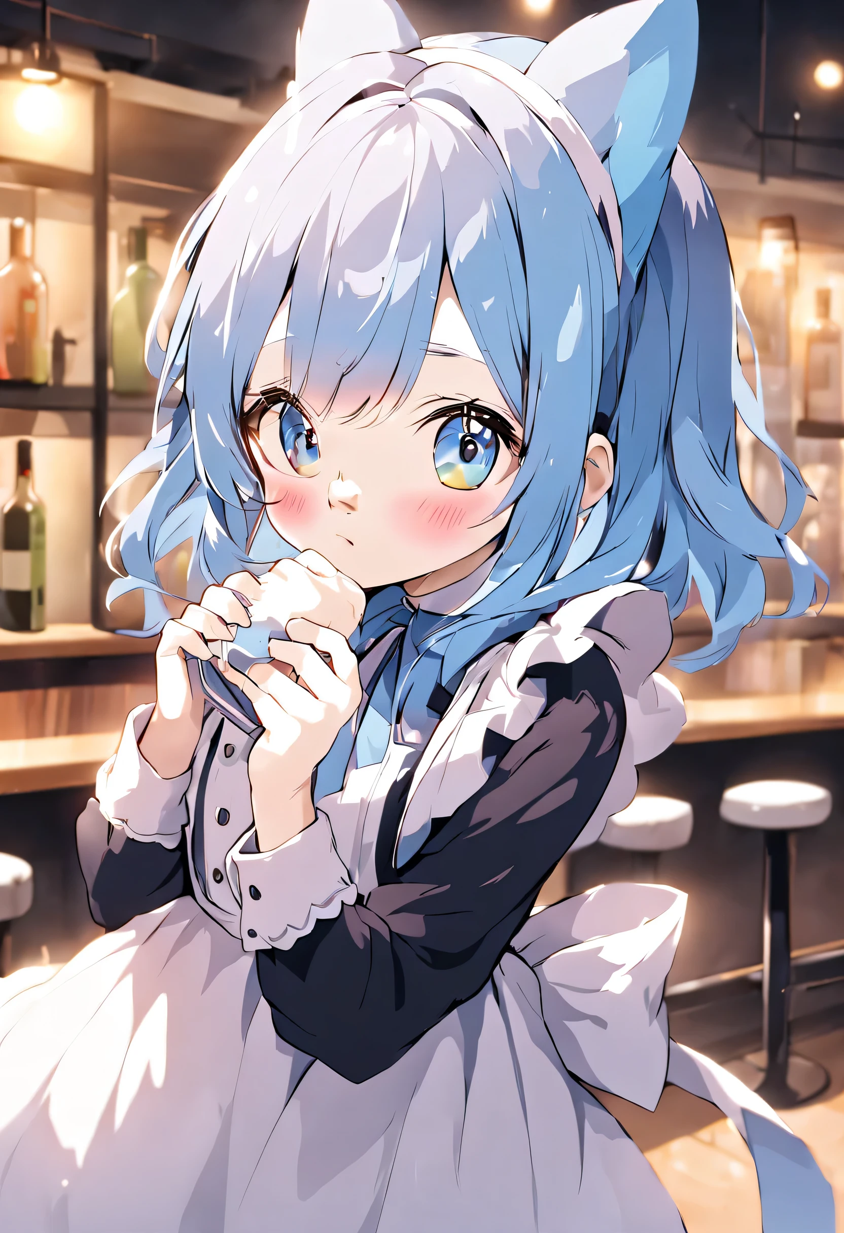 1 beautiful woman、light blue maid outfit、The background is a stylish bar、cute
