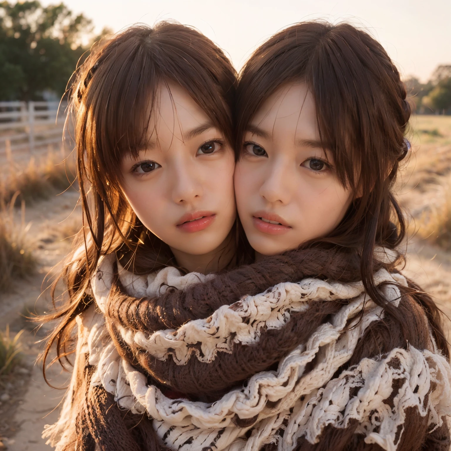 Identical twin sisters hugging each other and 8k, highest quality, masterpiece, realistic, Super detailed, photo realistic, Improvement of quality, 
Photo of a girl standing in a field with a scarf, In a dark and brooding designer style, voluminous mass, photo bash, calm face, jagged edges, navy, beauty of nature, close up shot
