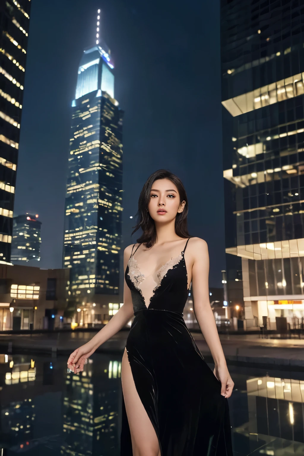 ((table top:1.4, highest quality)), (realistic pictures:1.4), 
((1 girl)), glossy black hair, 
(超High resolution:1.2), very delicate and beautiful, wonderful, 
Highly detailed CG Unity 8k wallpaper, Super detailed, High resolution, soft light, 
beautiful detailed girl, highly detailed eyes and face, beautifully detailed nose, beautiful and detailed eyes, 
(gorgeous long dress:1.4),
cinematic lighting, perfect anatomy, slender body, firm chest,
(Build a night city), (Glass skyscraper:1.4), (The beauty of the lights of commercial facilities reflected on the buildings at night:1.4), (Beautiful form with an inorganic atmosphere),
cowboy shot, looking at the viewer