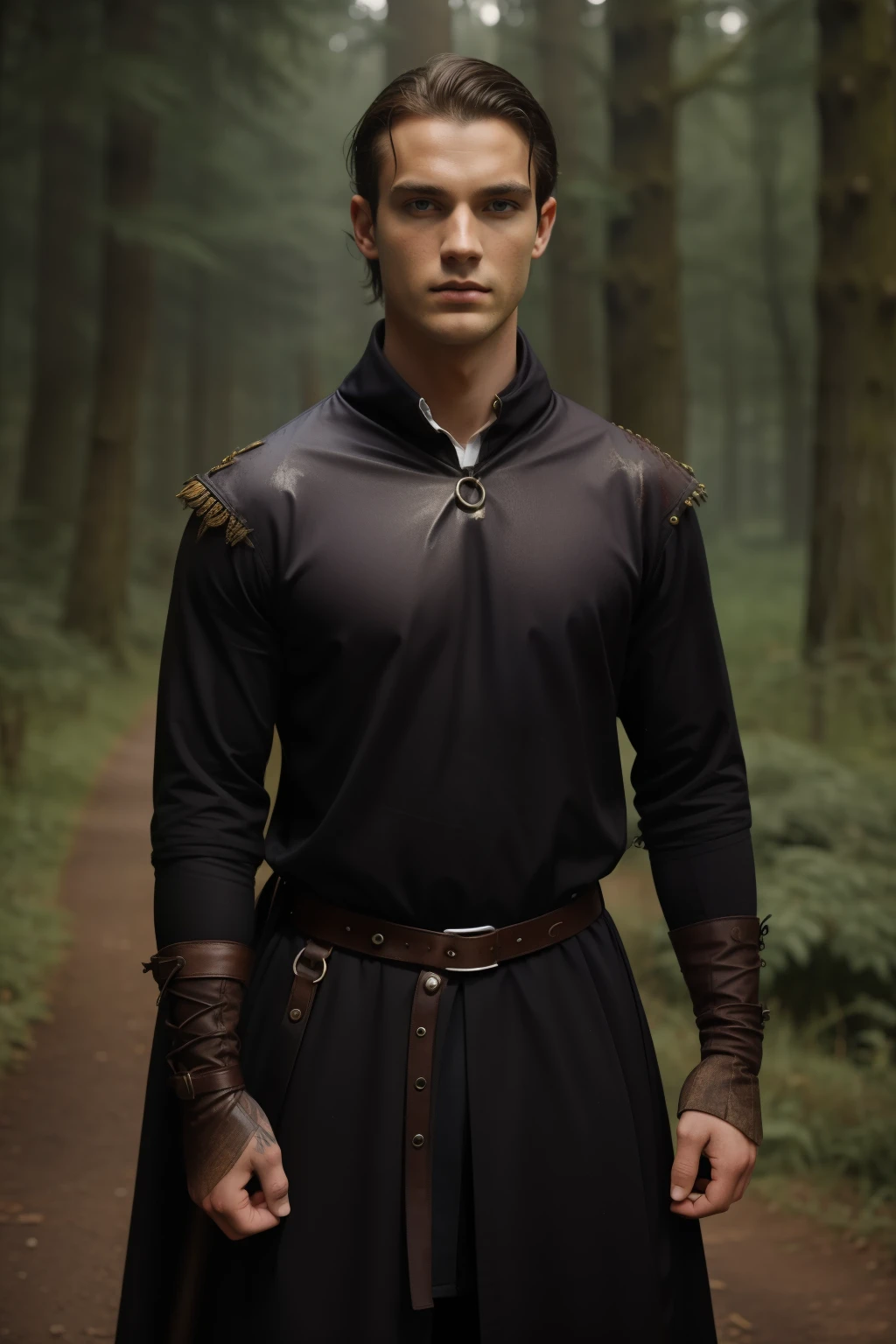 England, 1327. A young ((((22-year-old)) Ralph Fitzgerald)), intense eyes, ambitious, tall, athletic, in the forest, hunting, ((((evil expression)))). ((((clothings from the 1300s)))), ((dark hairstyle of the 1300s))