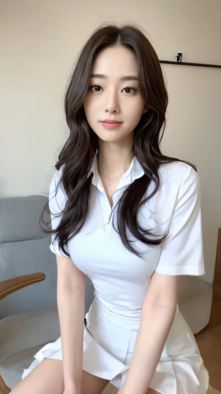 ((top-quality、8k、masterpiece:1.3))、Beautiful woman with perfect body:1.4、slim abdomen:1.2、Longhair, normal breast, Highly detailed facial and skin texture, A detailed eye, delicate eyes, double eyelid, (smile), (full body shot), ((office)), (sitting on chair), (((wearing white uniform)), looking in front