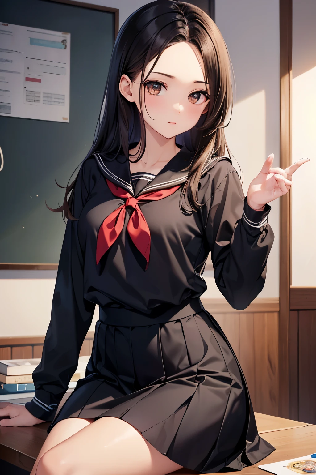 ((highest quality)),(ultra high resolution),(Super detailed),(detailed description),((best CG)),(best work of art),super precision art,great drawing art,(Art with precise details:1.5), Portrait:1.6,bust shot:1.4,(1 woman:1.5),beautiful and well-shaped face:1.5,black sailor suit、 Japanese、girl,Slender、small face、brown eyes、tall、 highres,black hair、(semilong hair:1.3)、classroom、black long skirt、Sitting at a desk、Mature、(forehead:1.1)