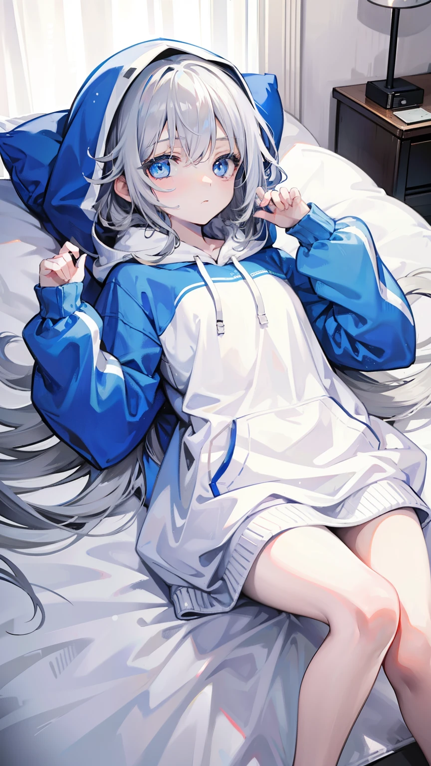 anime girl in white shirt laying in bed with blue cat, rimuru, top rated on pixiv, soft anime illustration, cute anime catgirl, pixiv, rimuru and milim, at pixiv, popular on pixiv, digital art on pixiv, trending on pixiv, cute anime girl, cute artwork, soft anime, pixiv style, only wearing white hoodie, exposed legs, vulnerable, POV, missionary pose, loli