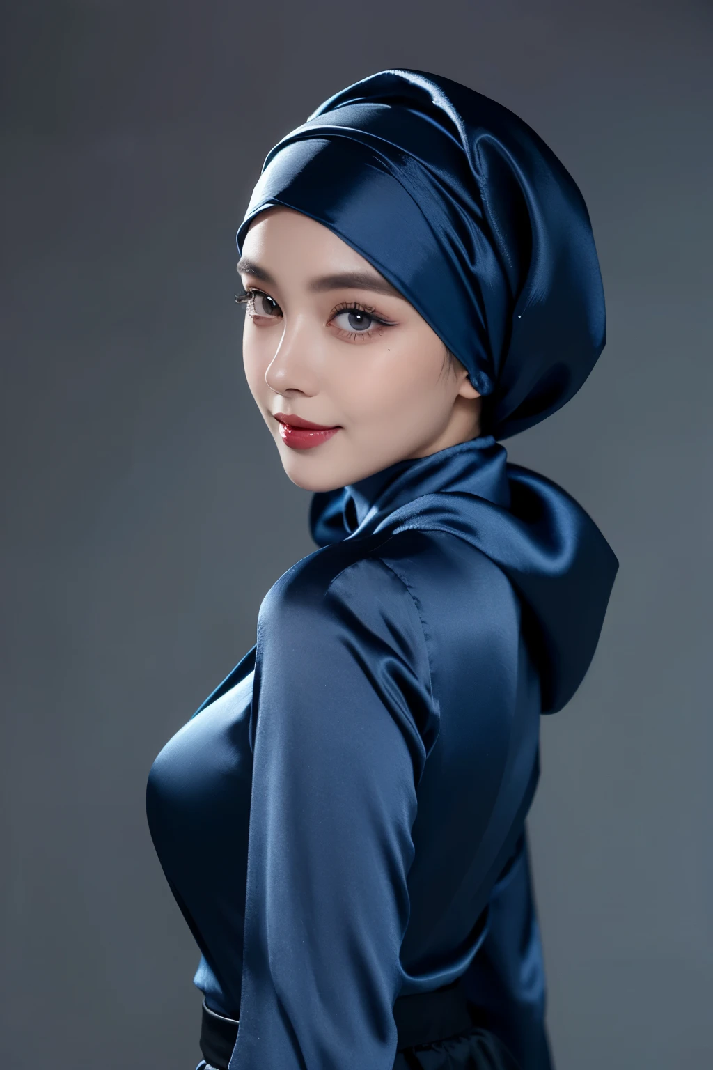 ((Old Lady :1.5)), (((VERY SHINY SKIN))), Very cute like a Matured Lady, ((Stylish Hijab)), adorable, 1 girl, 55 years old, baby face, shy, half body portrait,smile,  (face details: 1), (eye details: 1), ((round large breasts, cleavage)). Cute posed. proportional body. Ultra High Res. (realistic: 2), UHD, ((SHINY SKIN :1.4))