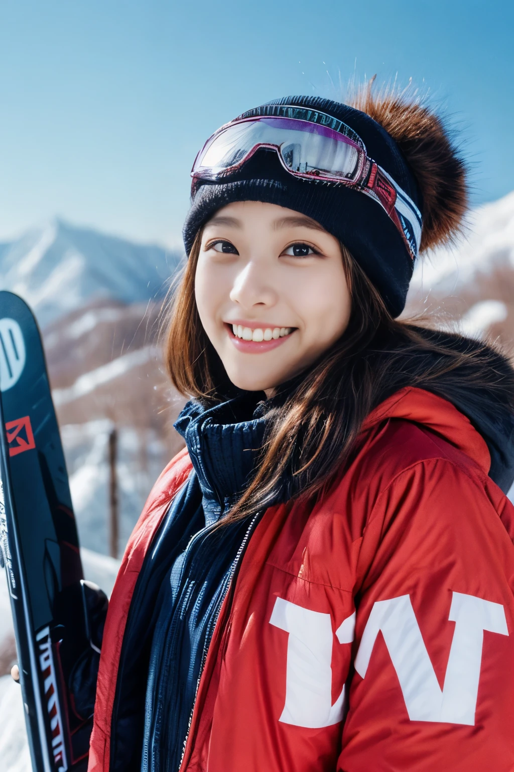 masterpiece、4k、highest quality、beautiful korean woman、Detailed description、1 girl、23 years old、(ski wear)、(to ski:1.1)、(movie, Ilford HP5, 80mm)、 Depth of the bounds written、cowboy shot、smile