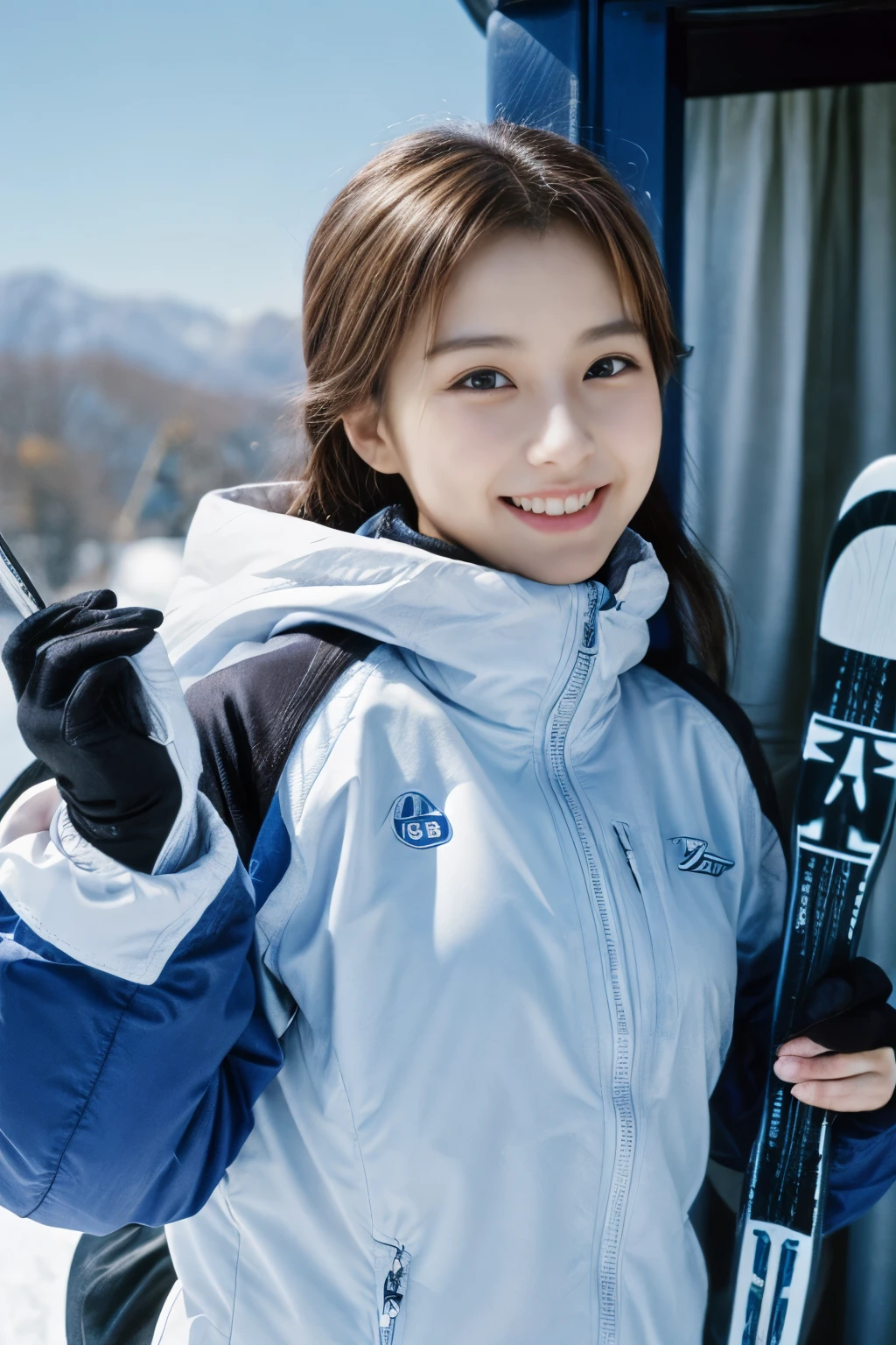 masterpiece、4k、highest quality、beautiful korean woman、Detailed description、1 girl、23 years old、(ski wear)、(to ski:1.1)、(movie, Ilford HP5, 80mm)、 Depth of the bounds written、cowboy shot、smile