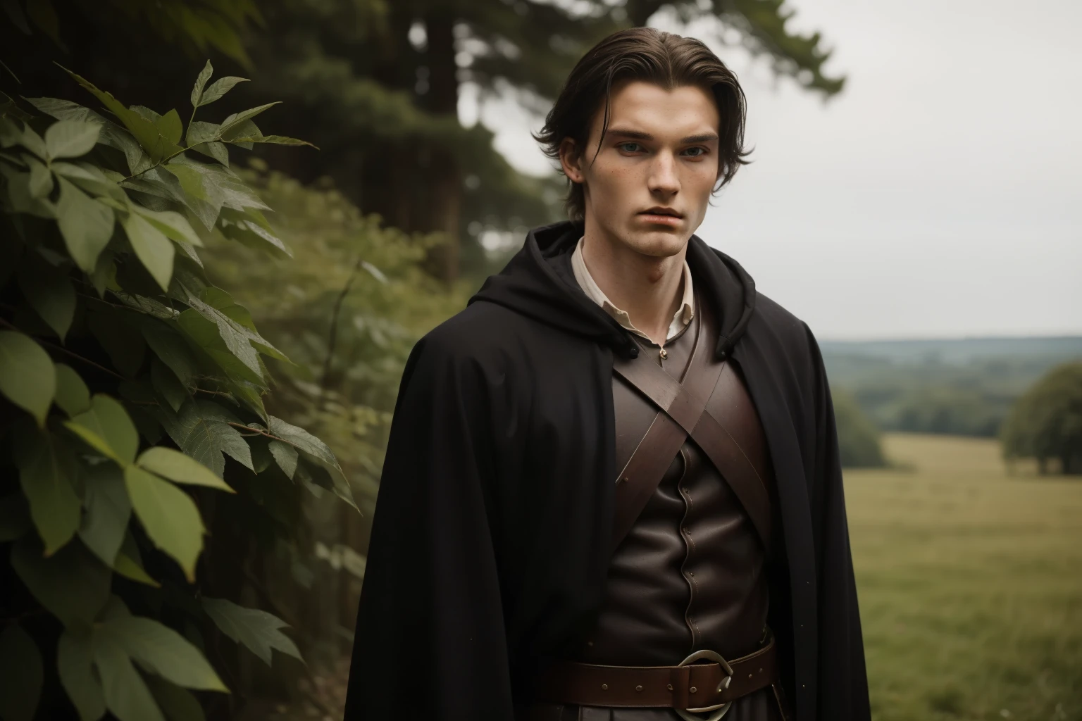 England, 1327. A young ((((22-year-old)) Ralph Fitzgerald)), intense eyes, ambitious, tall, athletic, in the forest, hunting, ((((evil expression)))). ((((clothings from the 1300s)))), ((dark hairstyle of the 1300s))