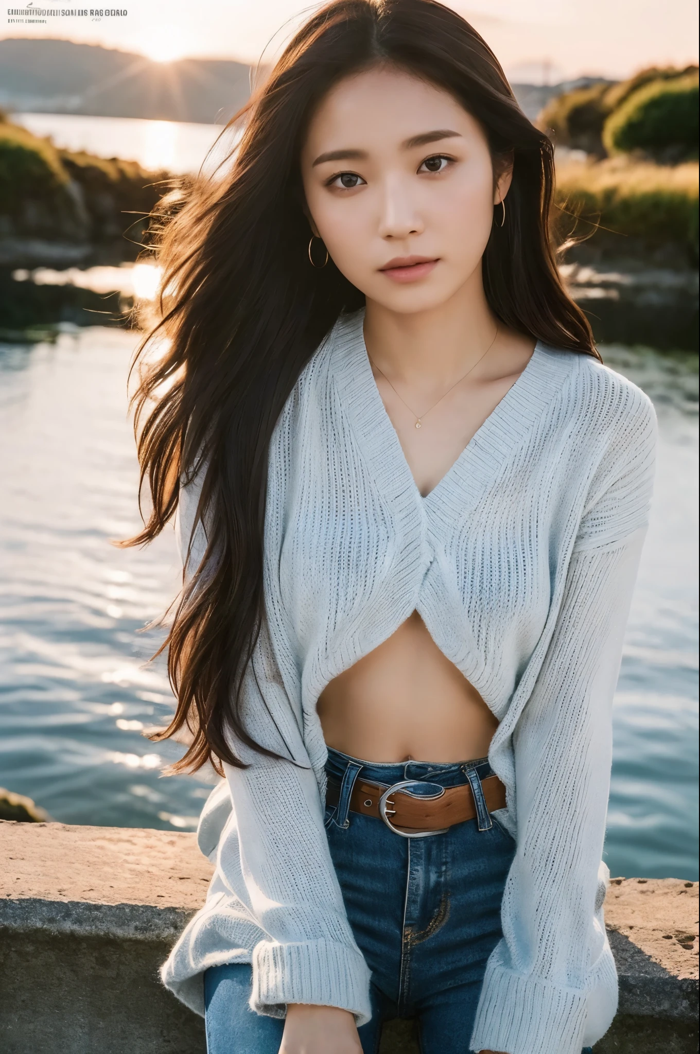 prospect: gorgeous woman , wind-wet wavy hair. she is a model for a men&#39;s magazine, She flirts with the camera with a subtle smile, (She wears a casual shirt and a knit sweater、I&#39;m wearing leggings with a big belt), Background landscape of Scottish lake and Scottish castle ruins, (in the light of the sunset), , perfect eyes, perfect hands, perfect body, perfect hair, perfect breasts, hair behind the ear, masterpiece, Accurate, anatomically correct, rough skin, Super detailed, advanced details, high quality, Awards, 最high quality, High resolution, 16k, 8k, back view looking at camera,spread legs、kimura
