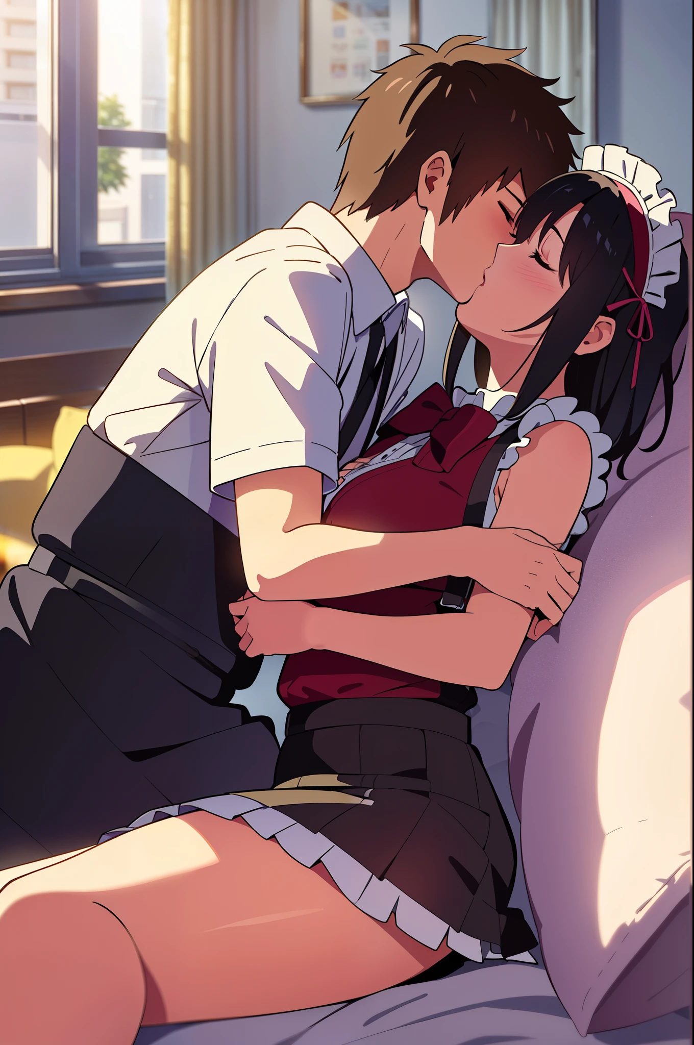 shinkai makoto, kimi no na wa., 1girl, 1boy, bangs, black hair, blush, (boy wear Suspender Clothes), ((girl wear maid dress, short dress, short skirt, maid headdress), bow, ribbon, short hair, cute, love, couple, adorable, Off-the-shoulders, dating, (((kiss, deep kiss))), closed eyes, passionate hug, bed, bedroom, lying, relaxing, pillow, blanket, cushion, indoor, on bed